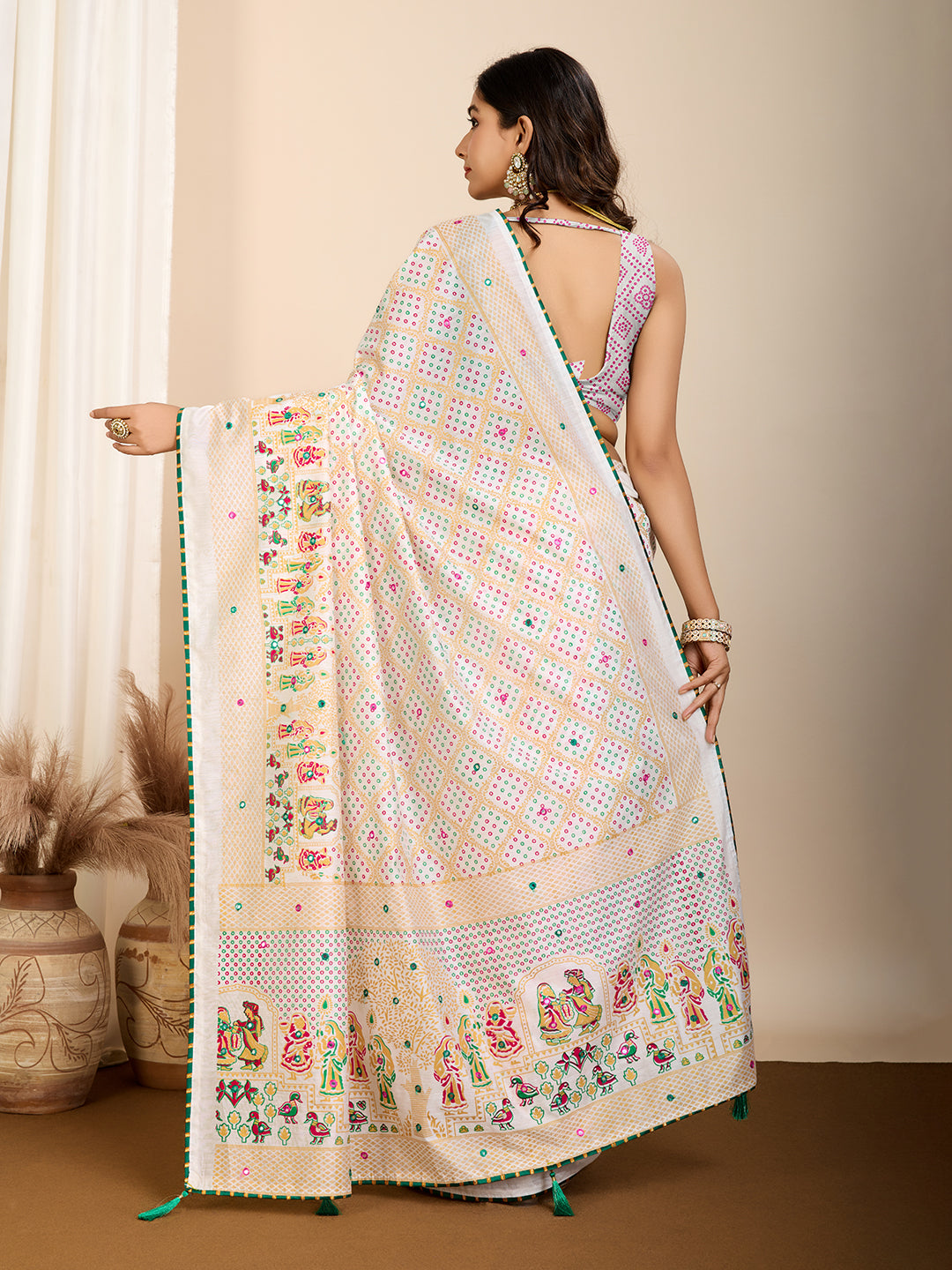 Off White Beautiful Designer Digital Printed With Hand Work Ceremonial Trendy Girlie Saree
