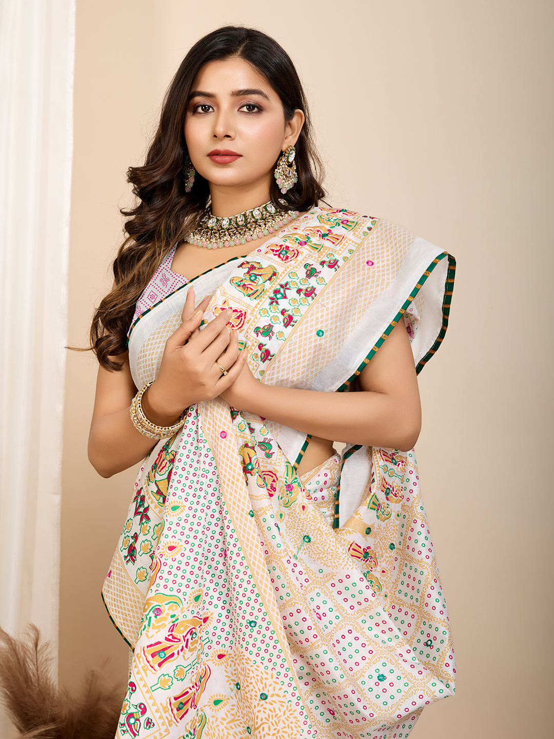 Off White Beautiful Designer Digital Printed With Hand Work Ceremonial Trendy Girlie Saree