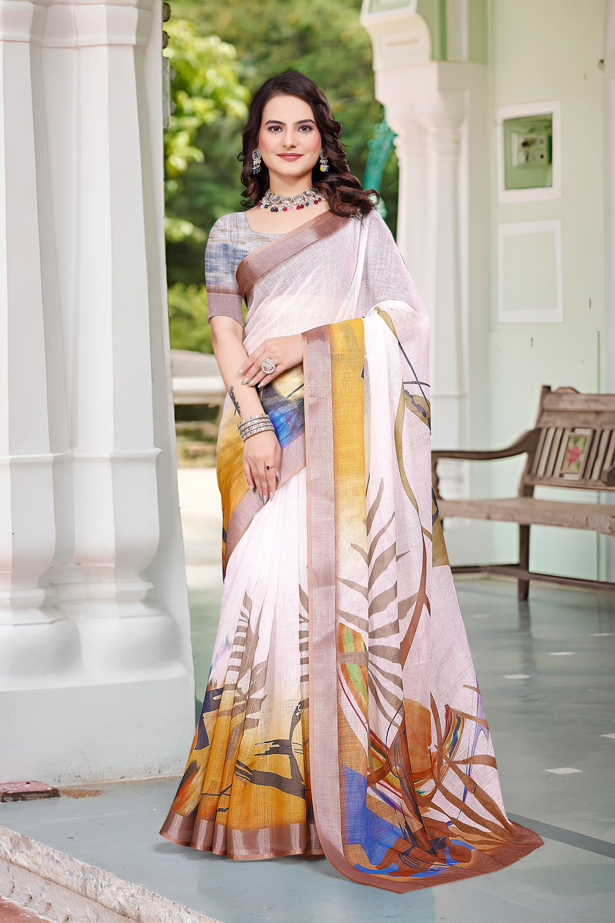 Off White Beautiful Designer Printed Saree With Woven Border