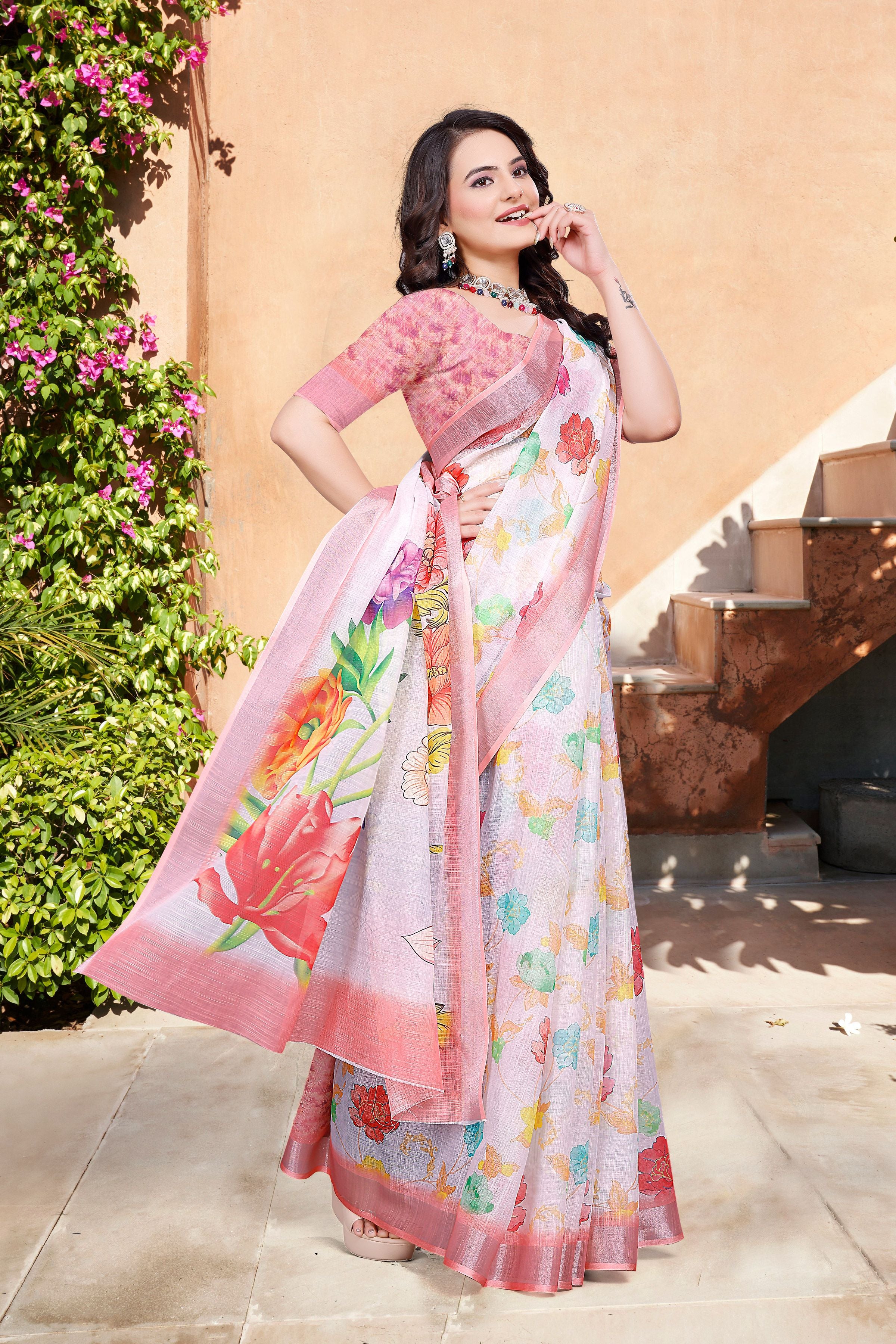 Off White Beautiful Designer Printed Saree With Woven Border