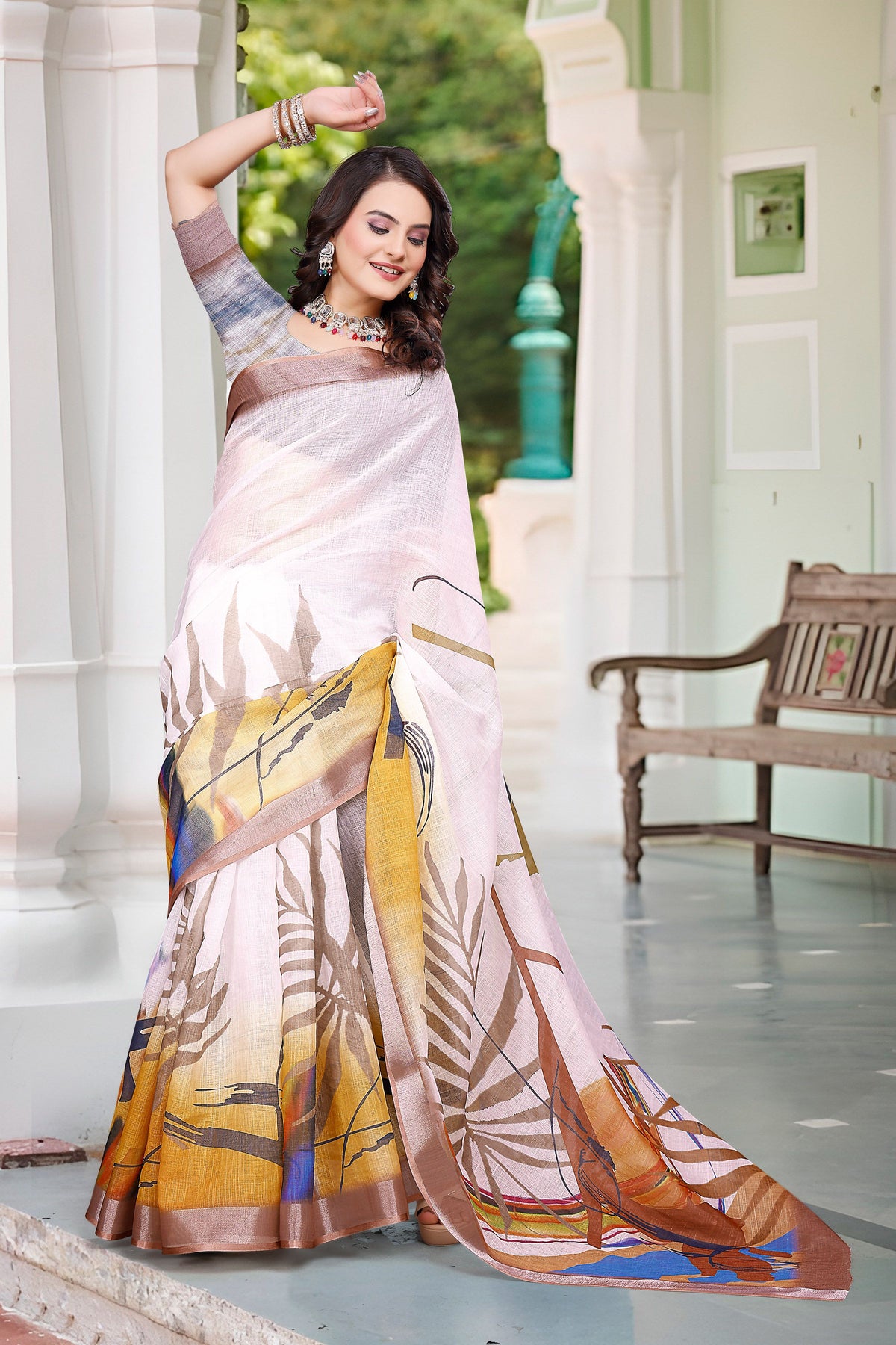 Off White Beautiful Designer Printed Saree With Woven Border