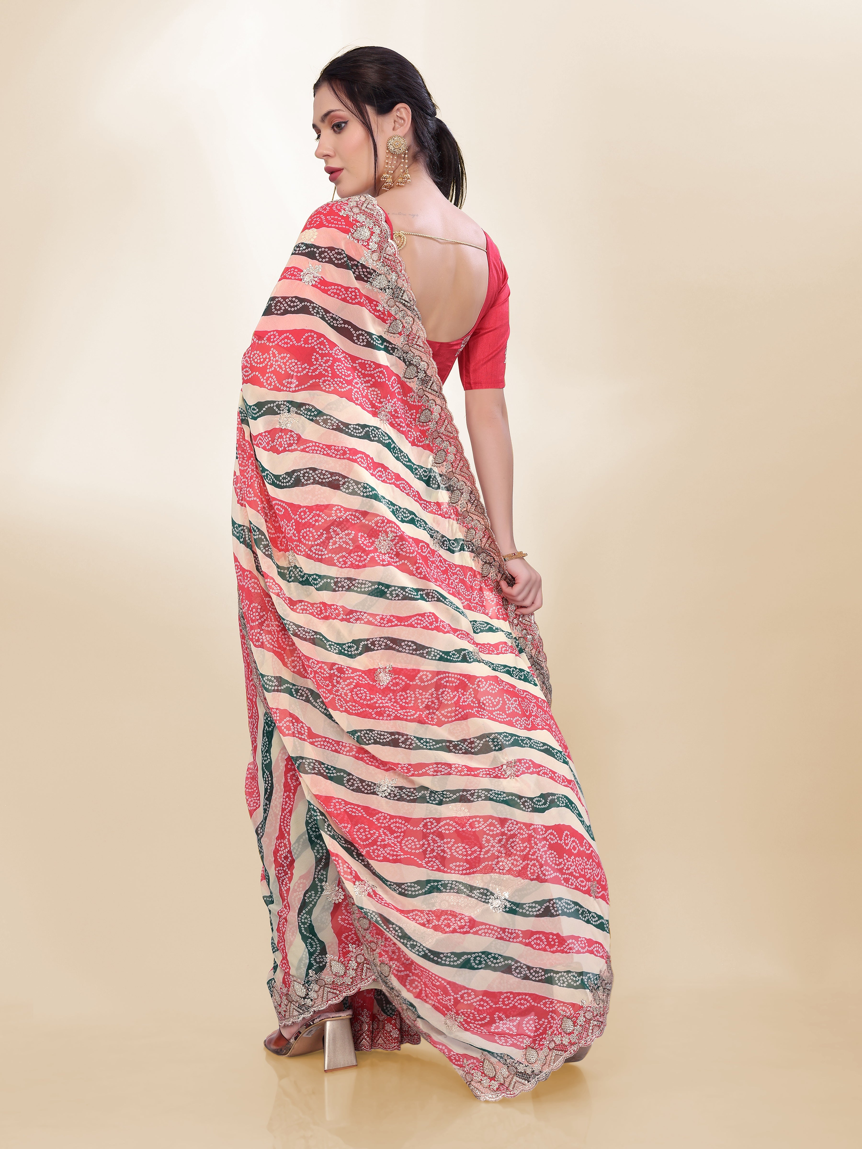 Off White Beautiful Georgette Bandhej Printed Festive Saree