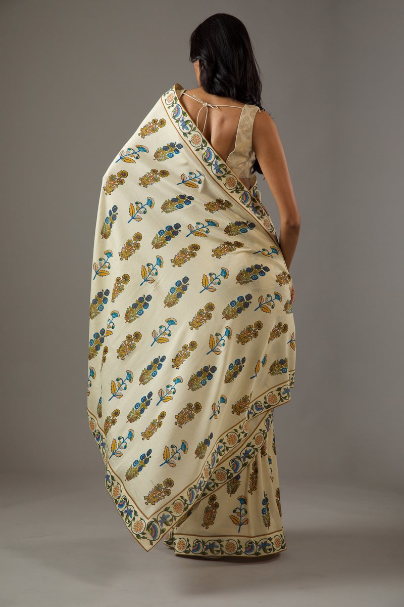 Off White Bright Moss Saree With Printed