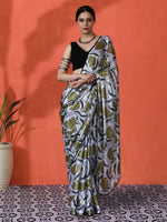 Off White Chinon Saree With Beautiful Digital Print For Ceremonial Wear
