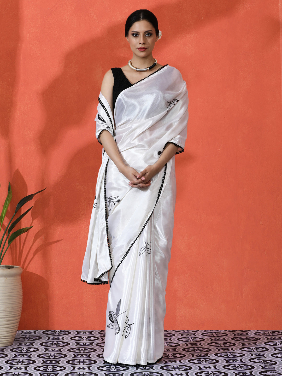 Off White Chinon Saree With Beautiful Digital Print For Ceremonial Wear