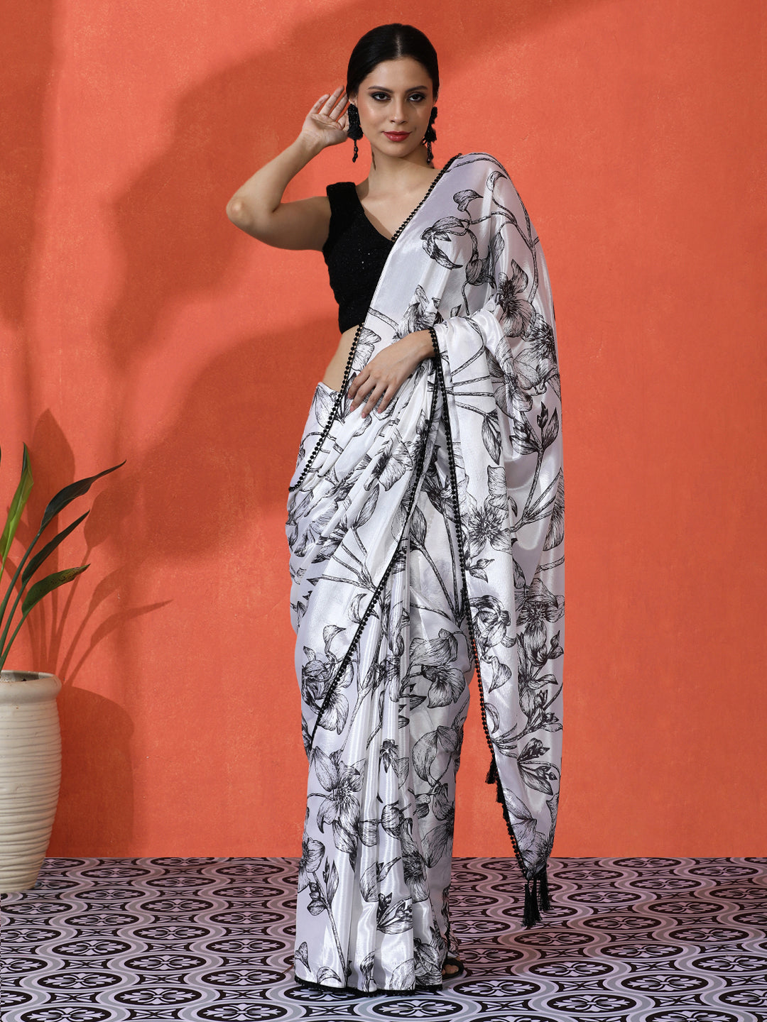 Off White Chinon Saree With Beautiful Digital Print For Ceremonial Wear