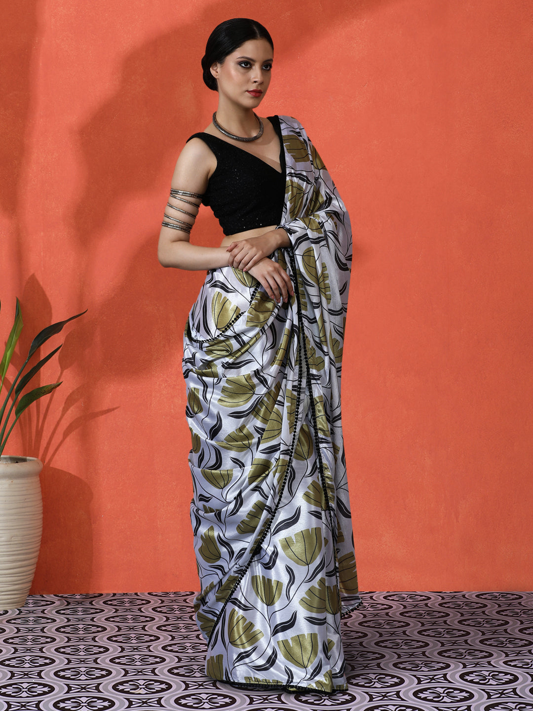 Off White Chinon Saree With Beautiful Digital Print For Ceremonial Wear