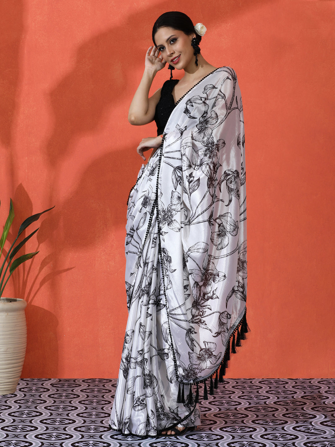 Off White Chinon Saree With Beautiful Digital Print For Ceremonial Wear