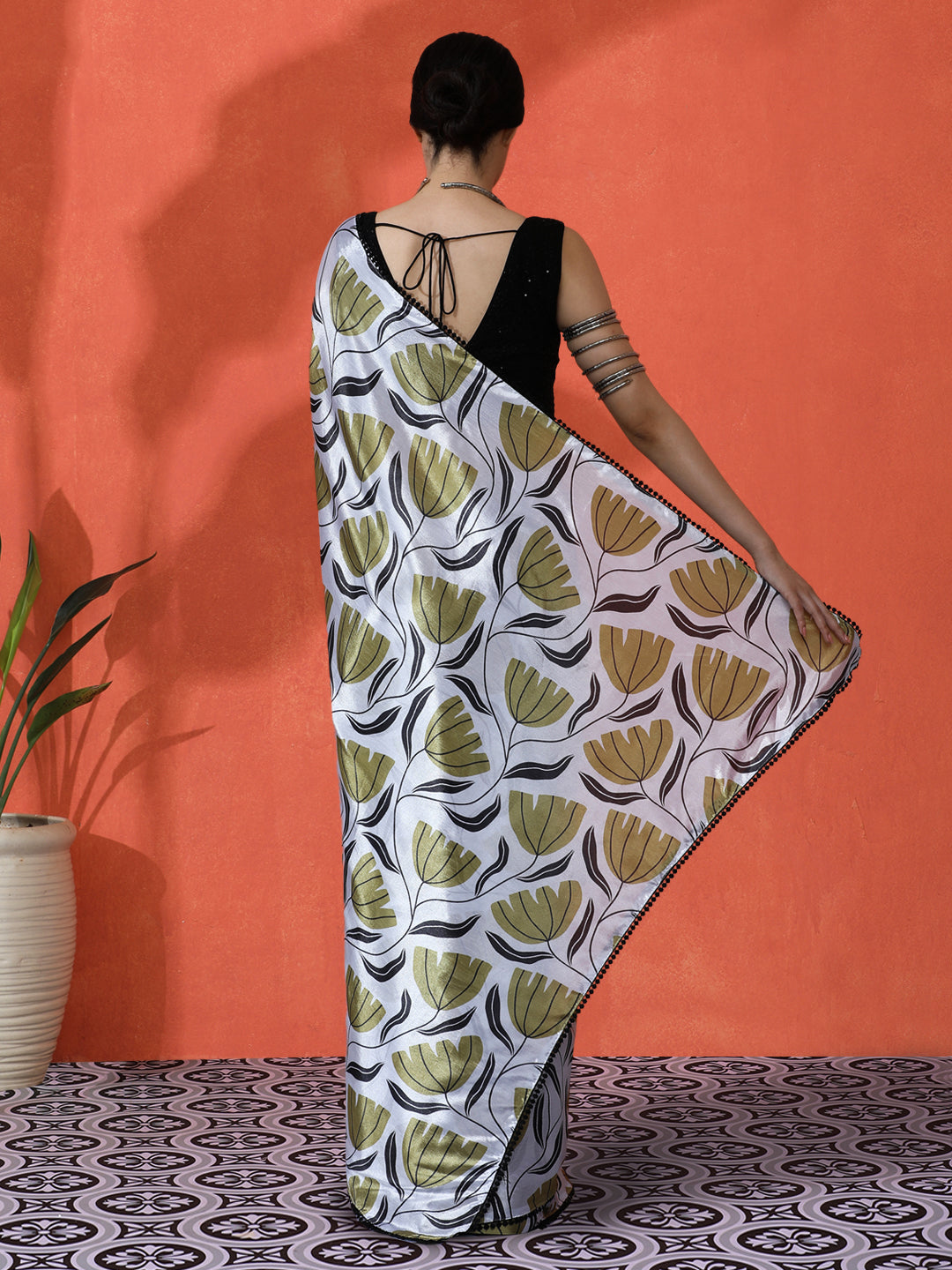 Off White Chinon Saree With Beautiful Digital Print For Ceremonial Wear