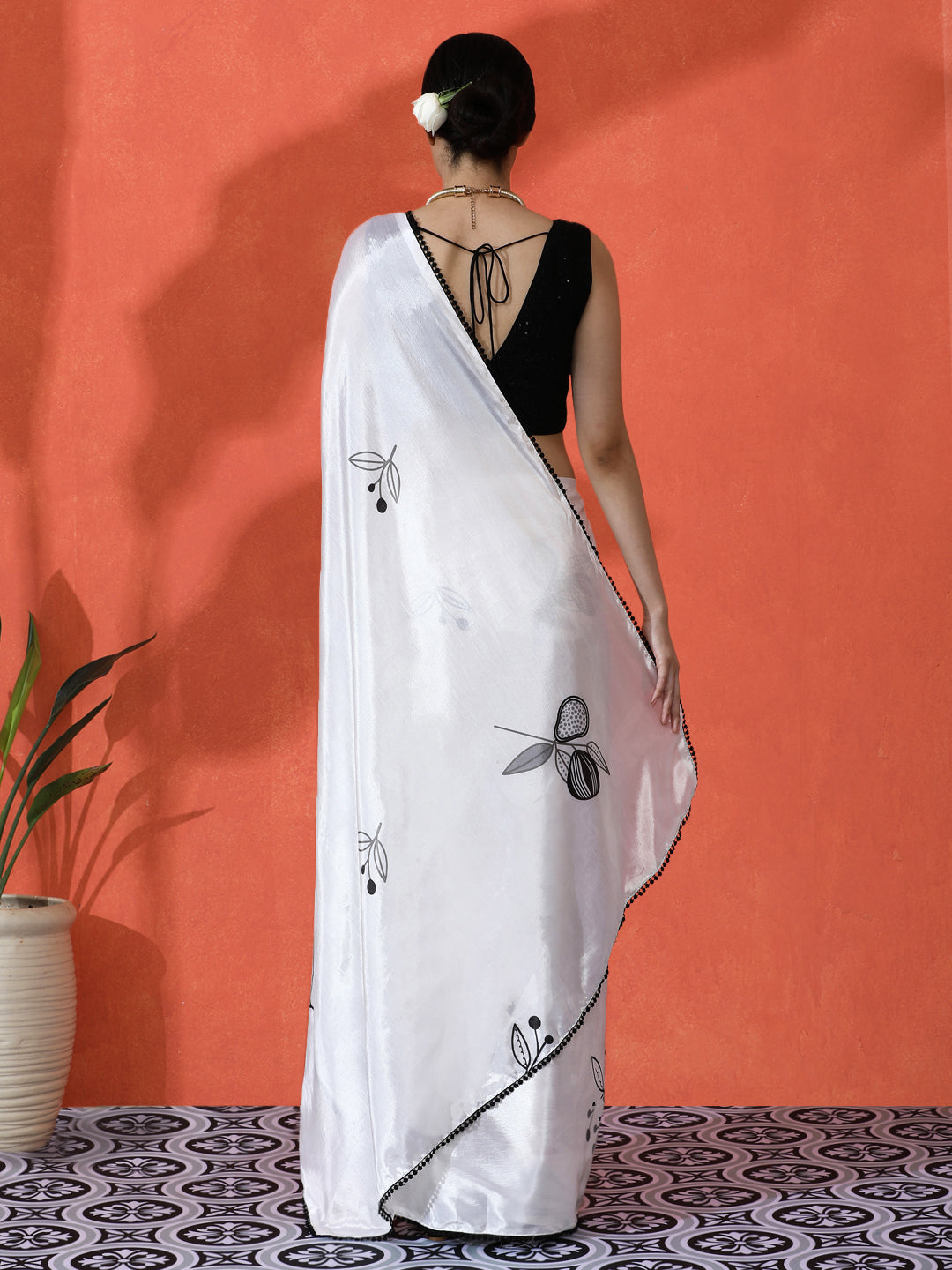 Off White Chinon Saree With Beautiful Digital Print For Ceremonial Wear