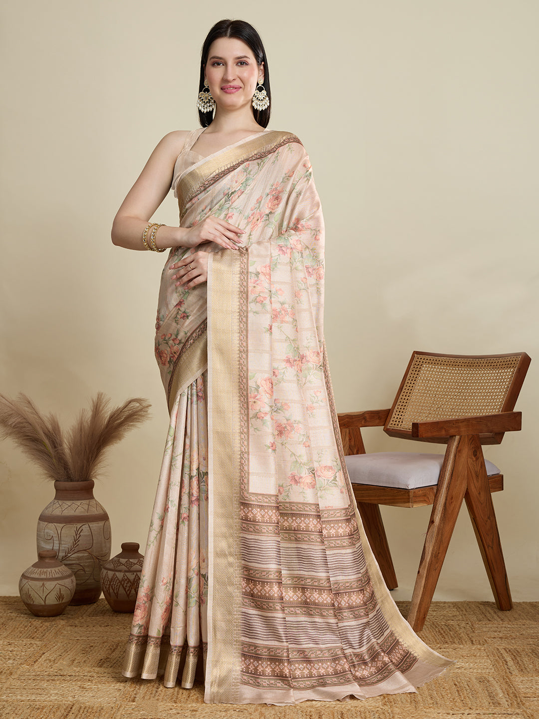 Off White Cotton Woven Border Designer And Printed Ceremonial Saree