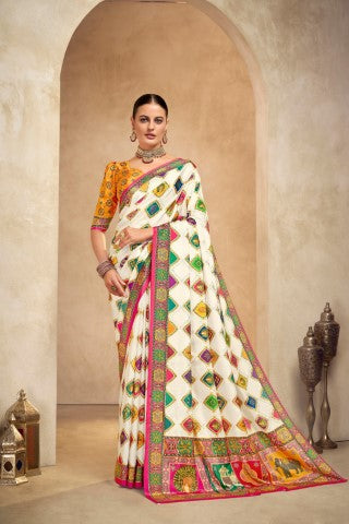 Off White Crepe Silk Position Digital Foil Printed Saree