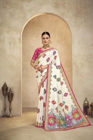 Off White Crepe Silk Position Digital Foil Printed Saree