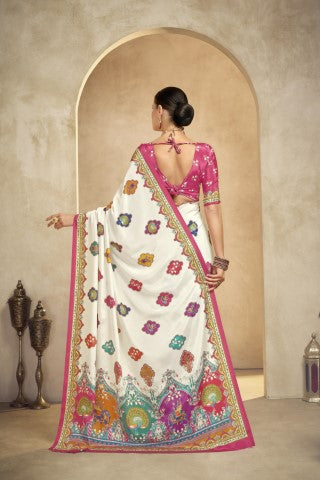 Off White Crepe Silk Position Digital Foil Printed Saree