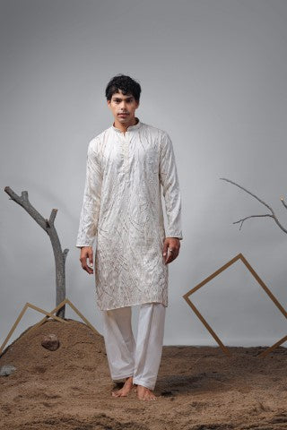 Off White Designer Embroidered Viscose Stylish Kurta Pajama