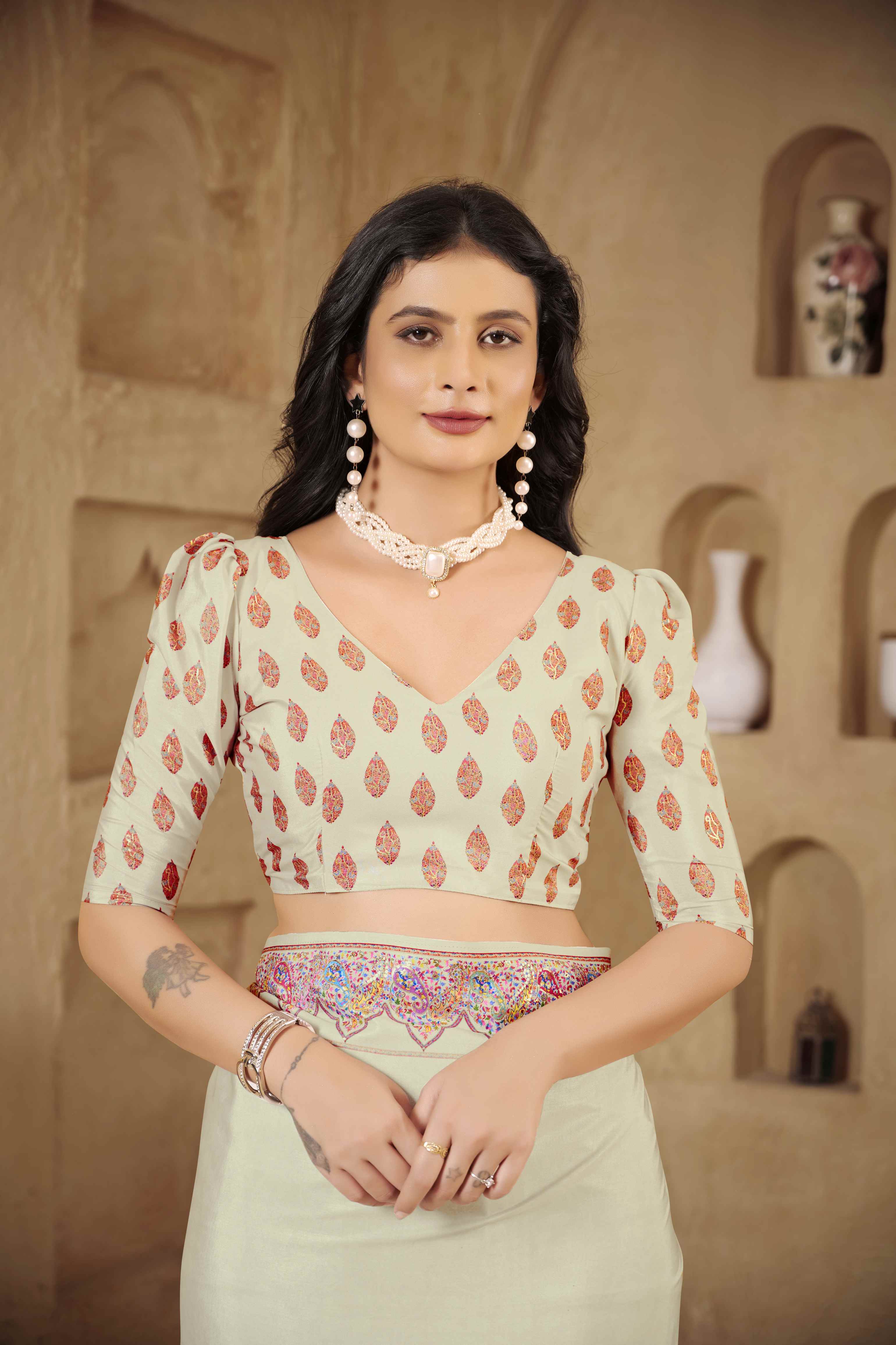 Off White Designer Position Digital Foil Printed Crepe Silk Ethnic Festive Saree