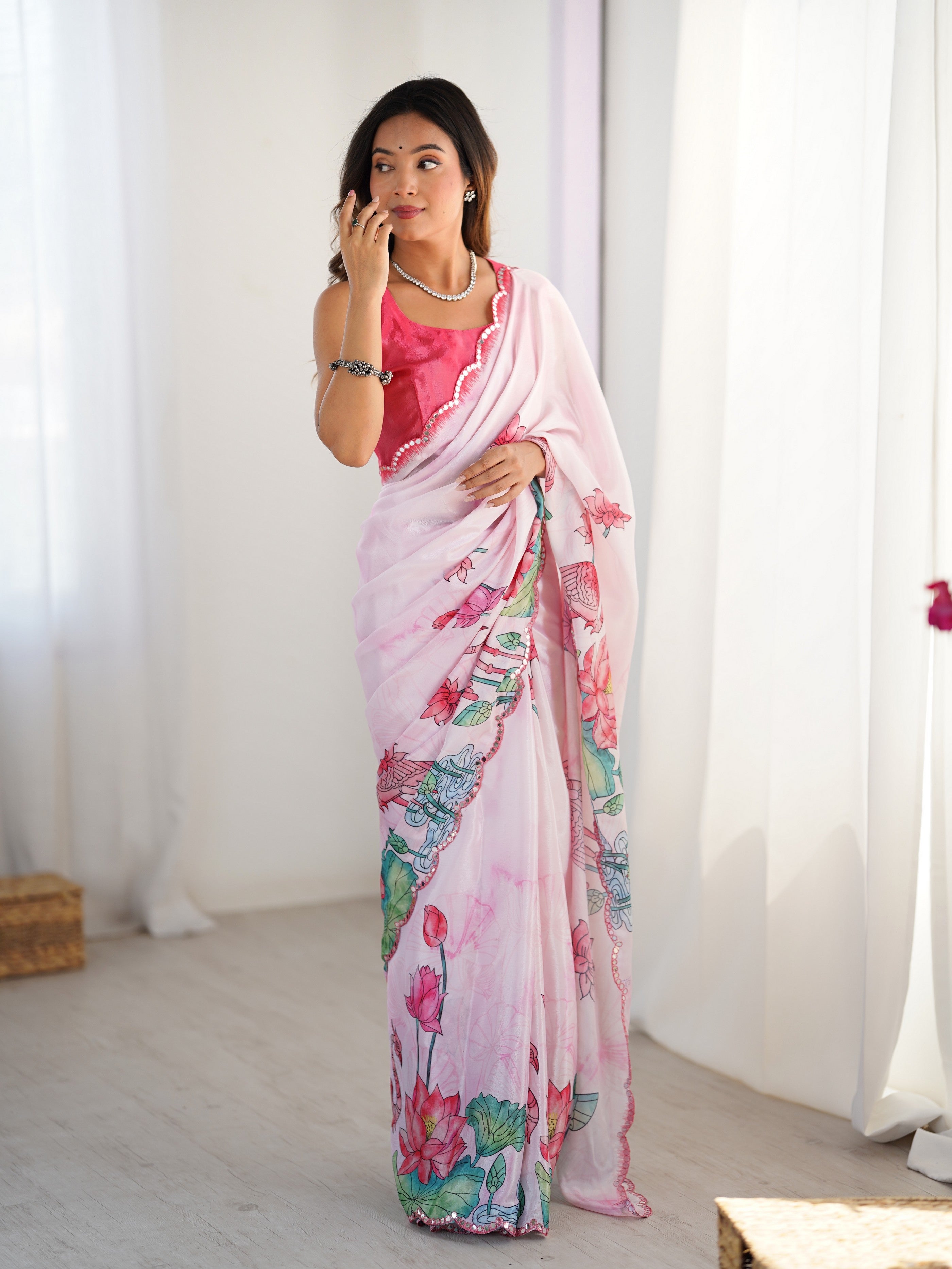 Off White Digital Printed Stylish Chinon Fanbric Glamorous Partywear Saree