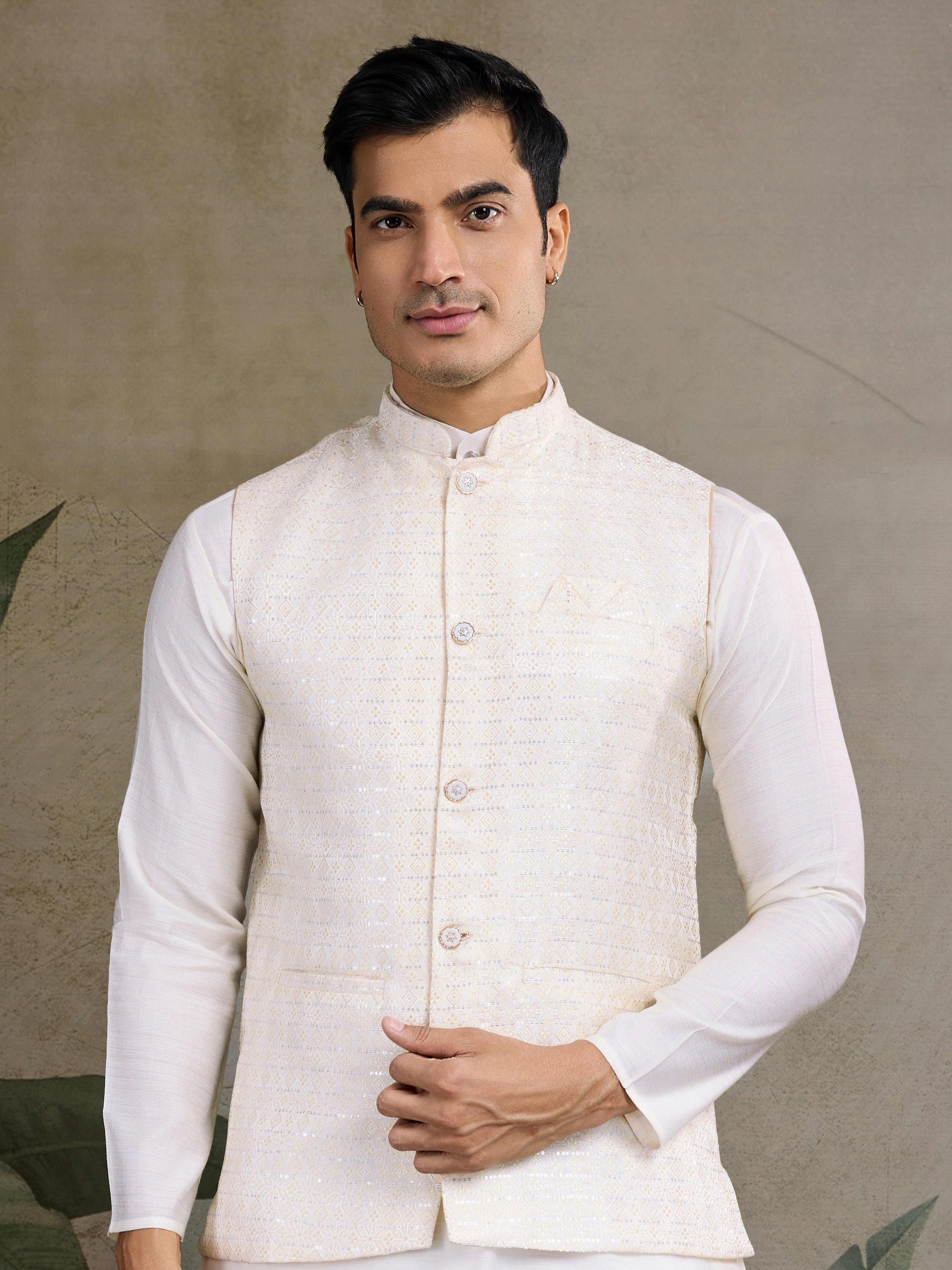 Off White Ethnic Ceremonial Kurta with Jacket