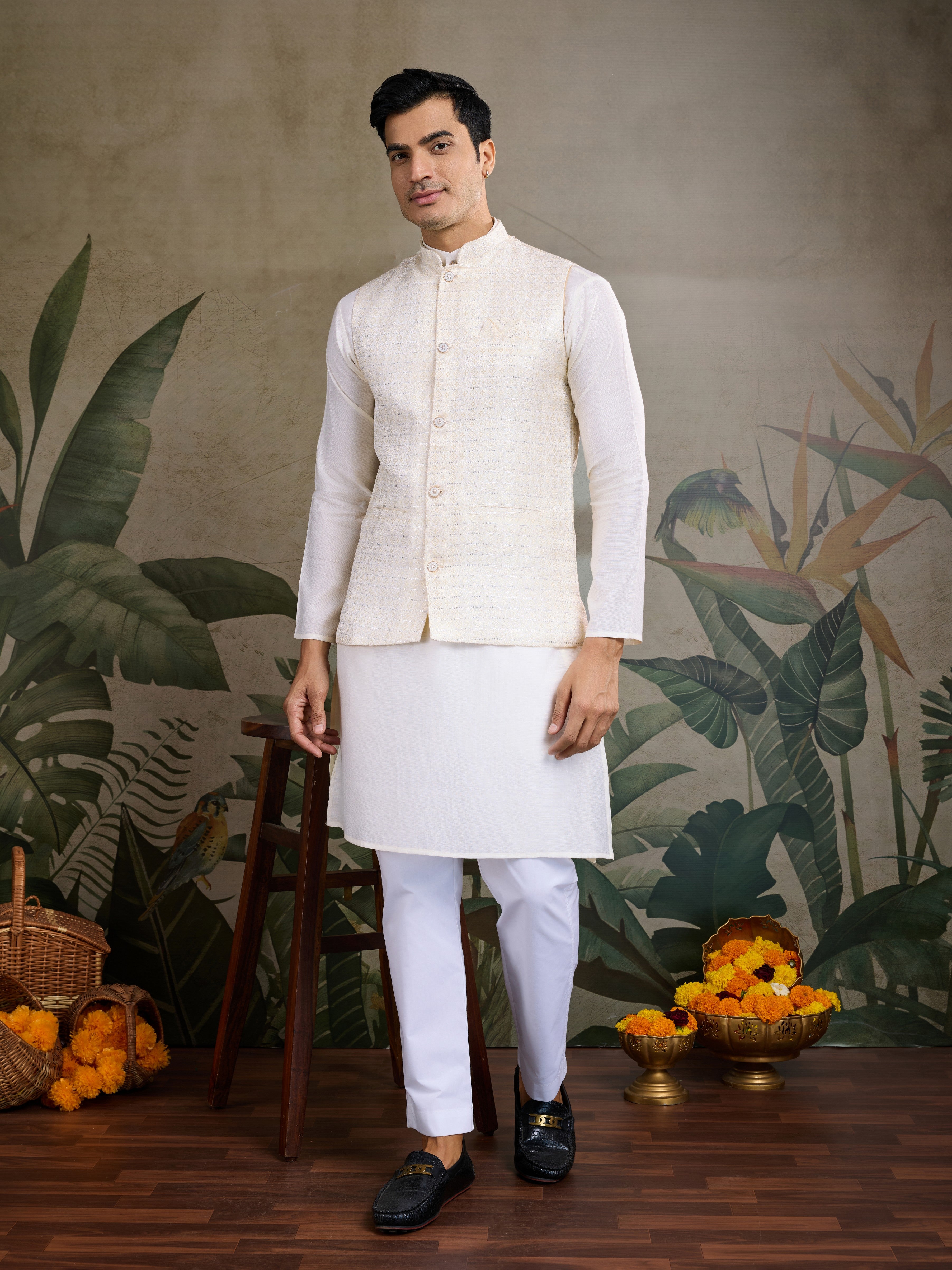 Off White Ethnic Ceremonial Kurta with Jacket