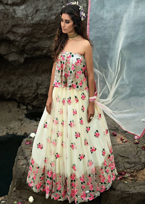 Off White Floral Thread Embroidered Soft Net Party Wear Lehenga Choli
