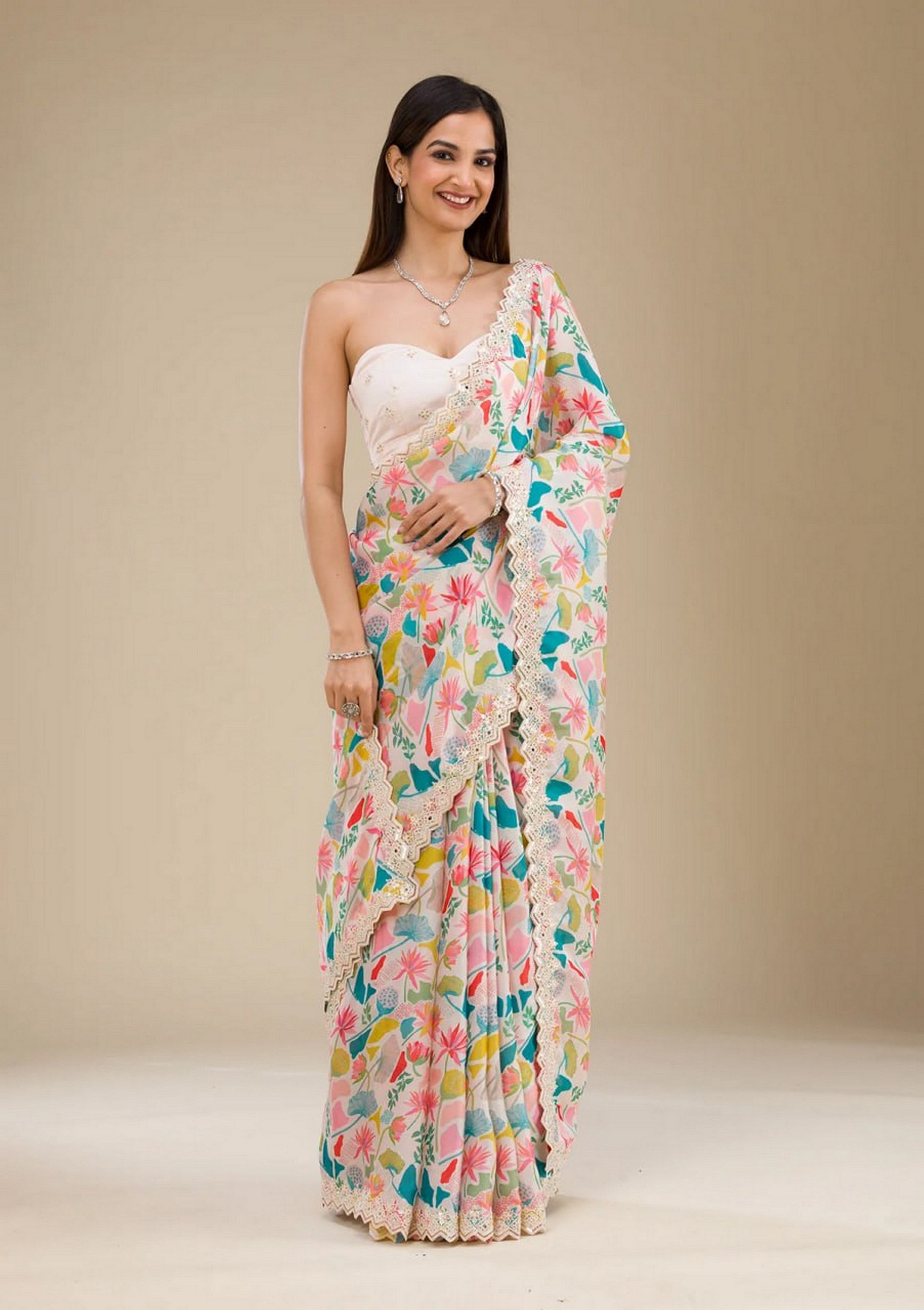Off White Georgette Girlie Partywear Saree