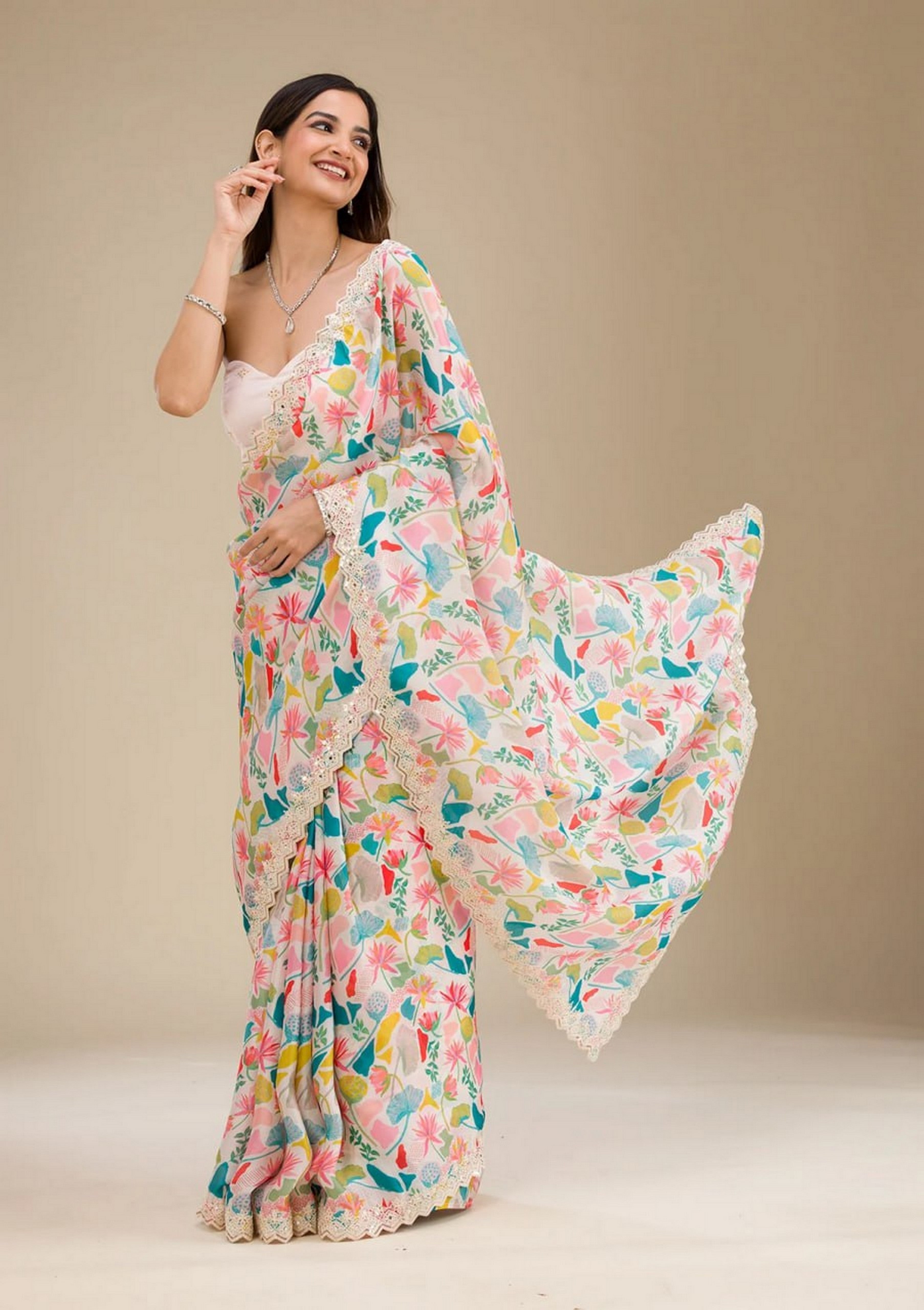Off White Georgette Girlie Partywear Saree