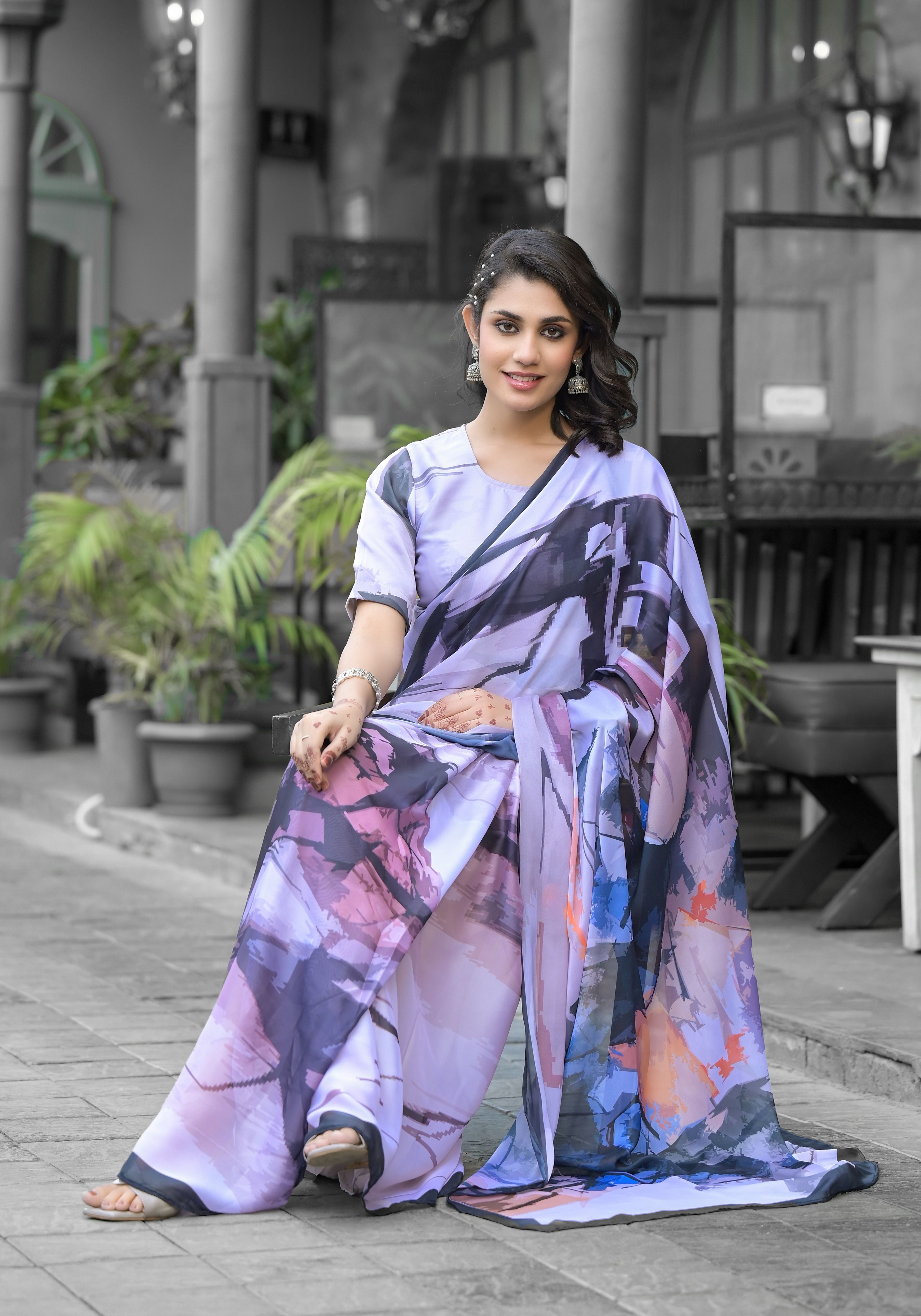 Off White Imported Georgette Designer Digital Printed Ready To Wear Gown Style Saree