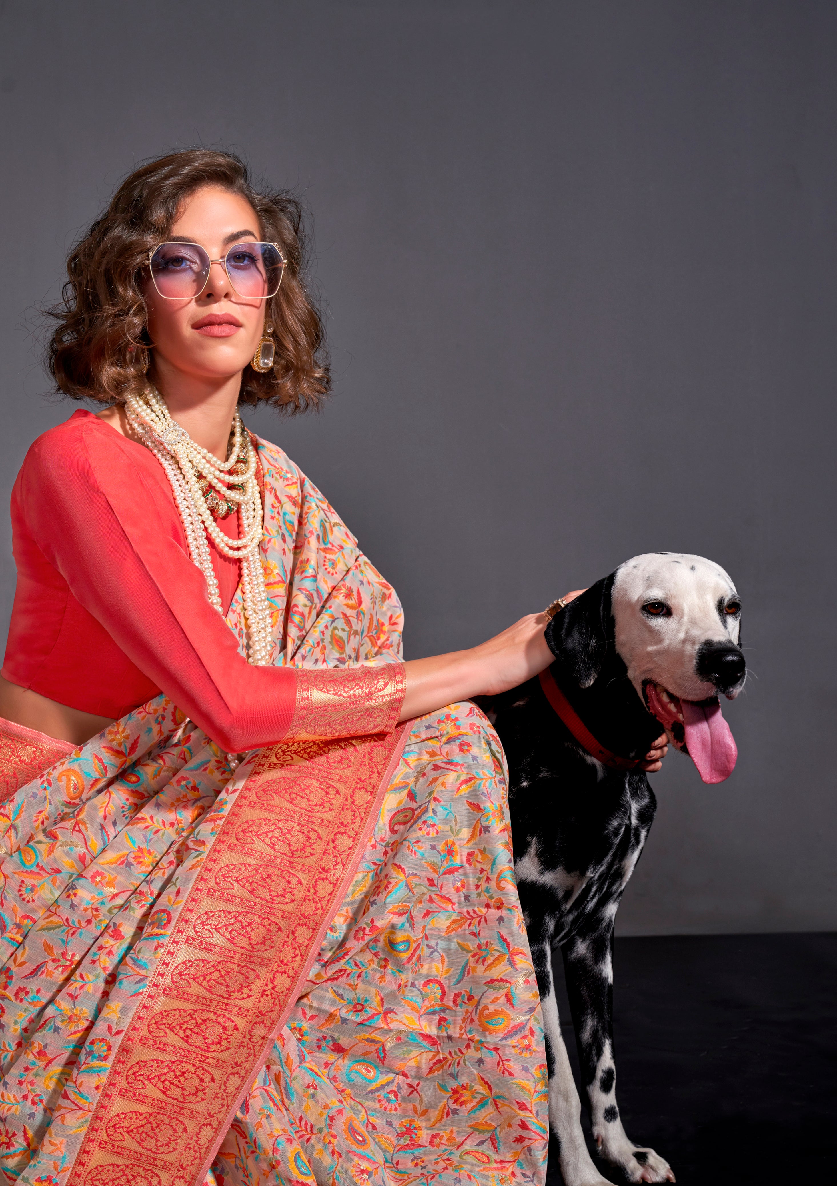 Off White Kashmiri Silk Saree With  Kashmiri Chaap Jacquard Woven Work