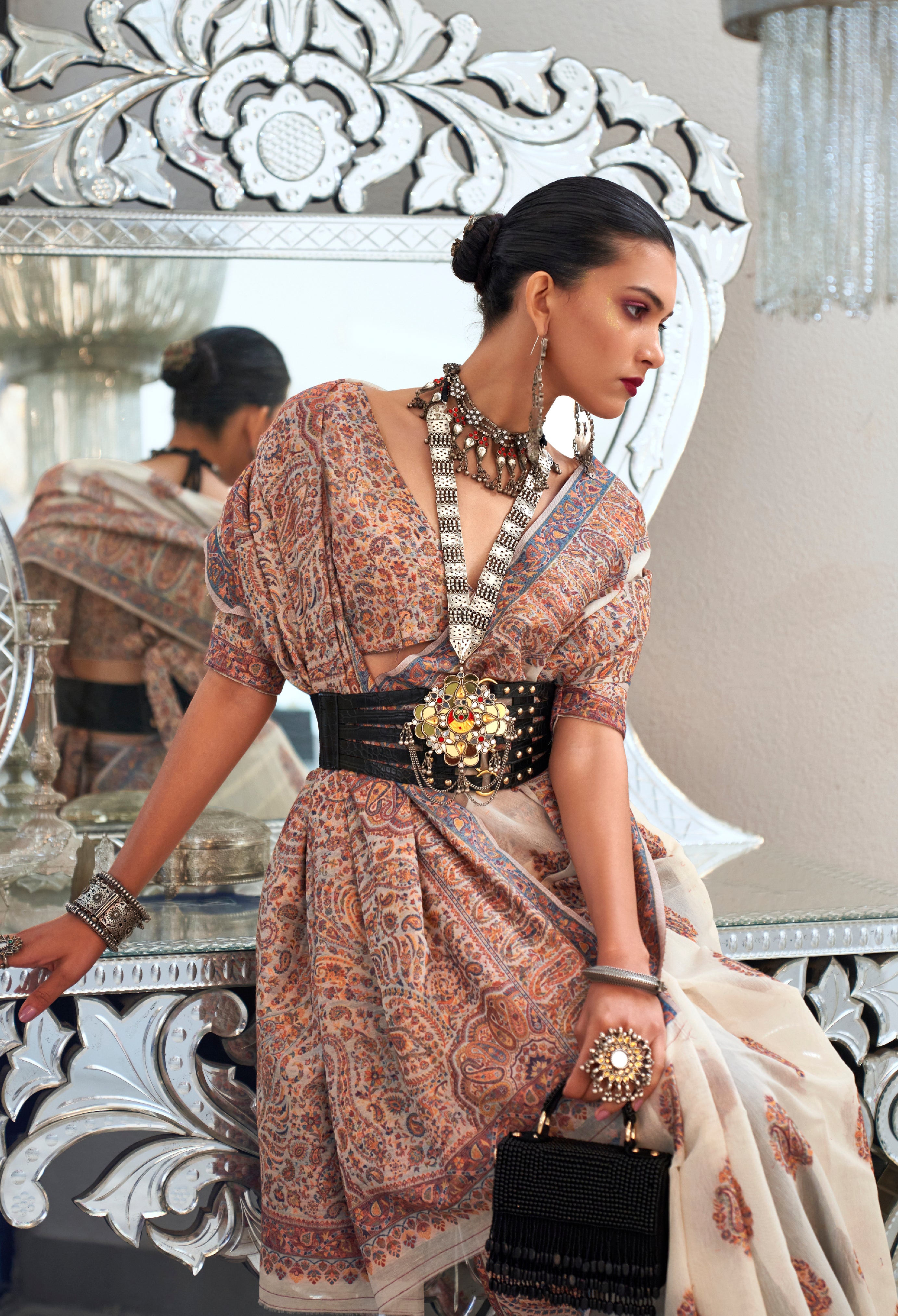 Off White Kashmiri Silk Saree with  Woven Work