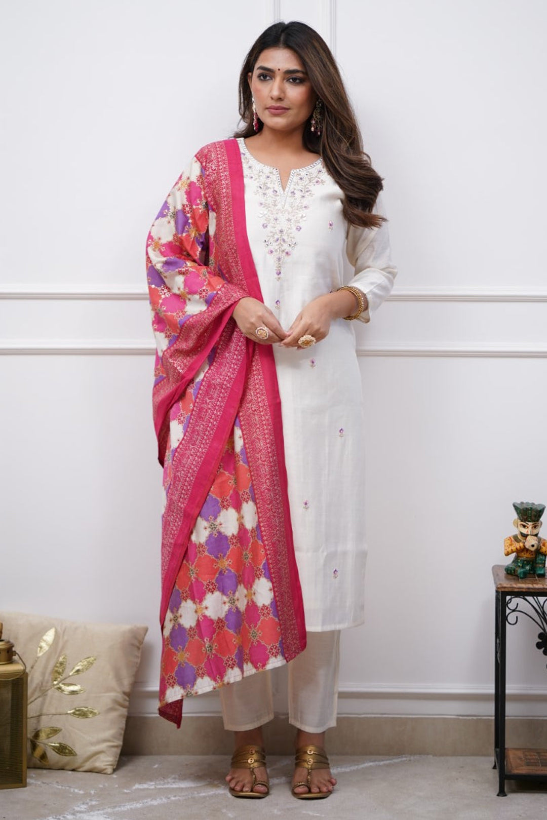 Off White Kurta Pant Set with Heavy Thread Embroidery Work With Printed Dupatta