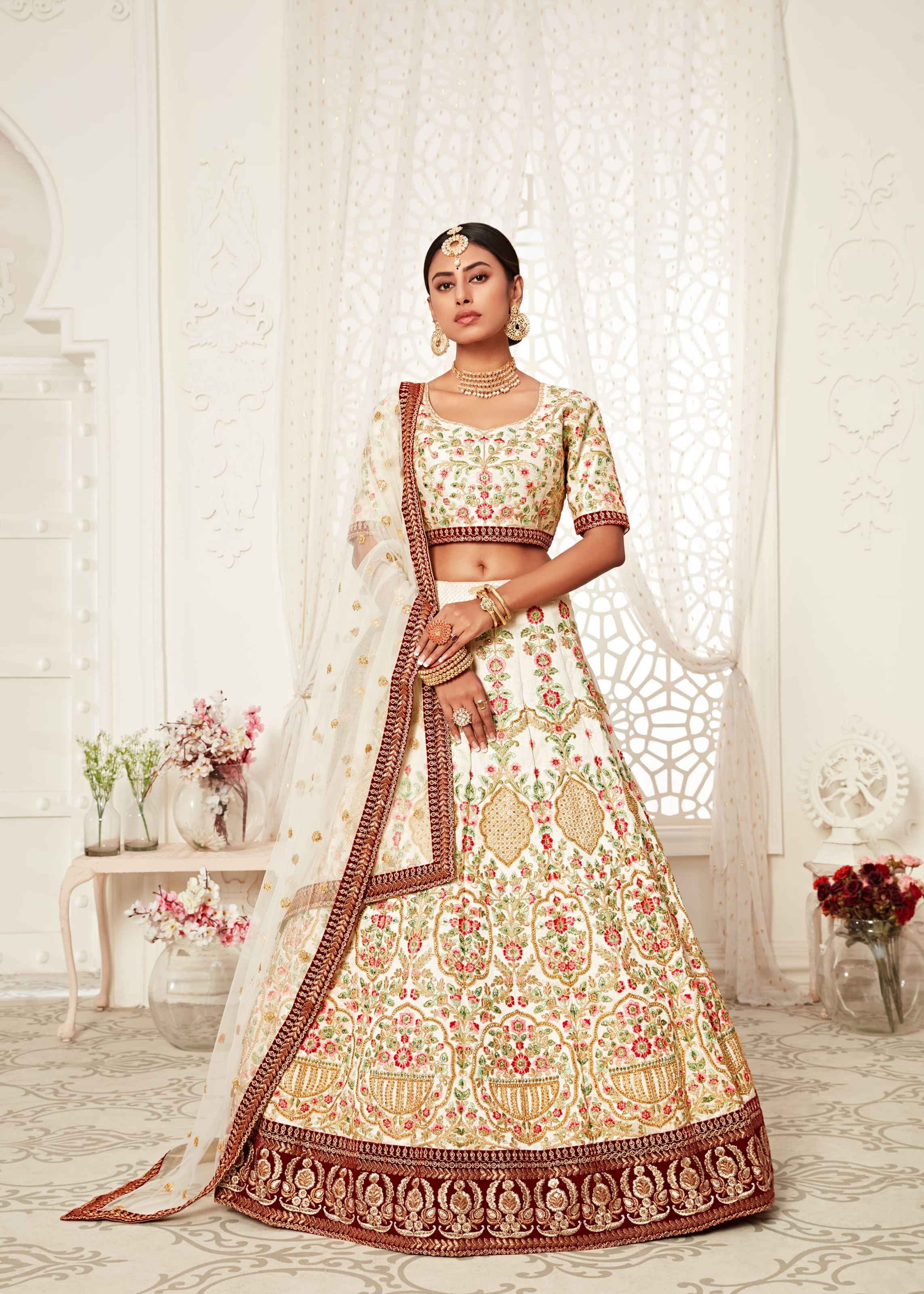 Off White Lehenga Choli With Thread, Dori, Zari And Sequins Embroidery With Diamond Work