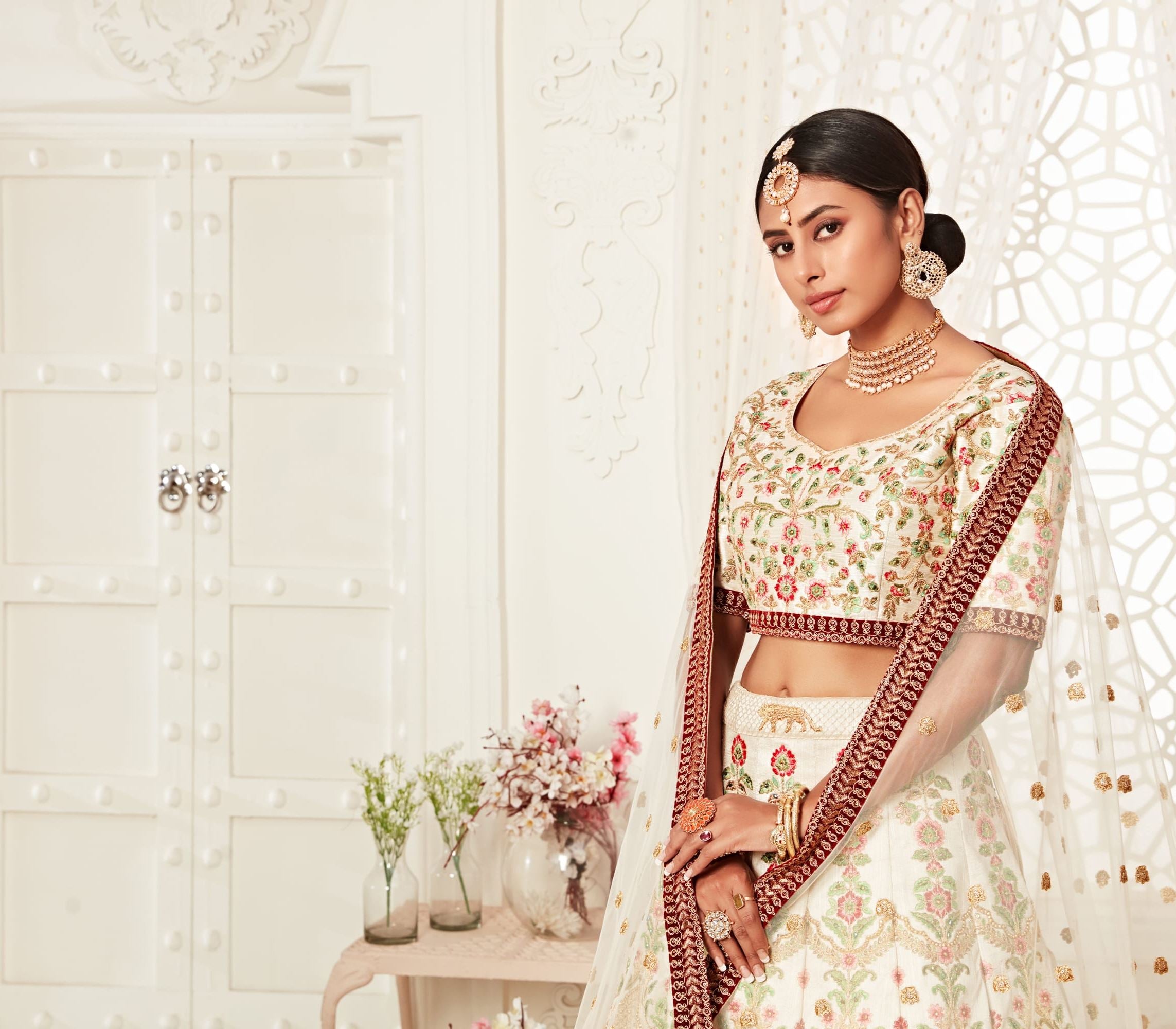 Off White Lehenga Choli With Thread, Dori, Zari And Sequins Embroidery With Diamond Work