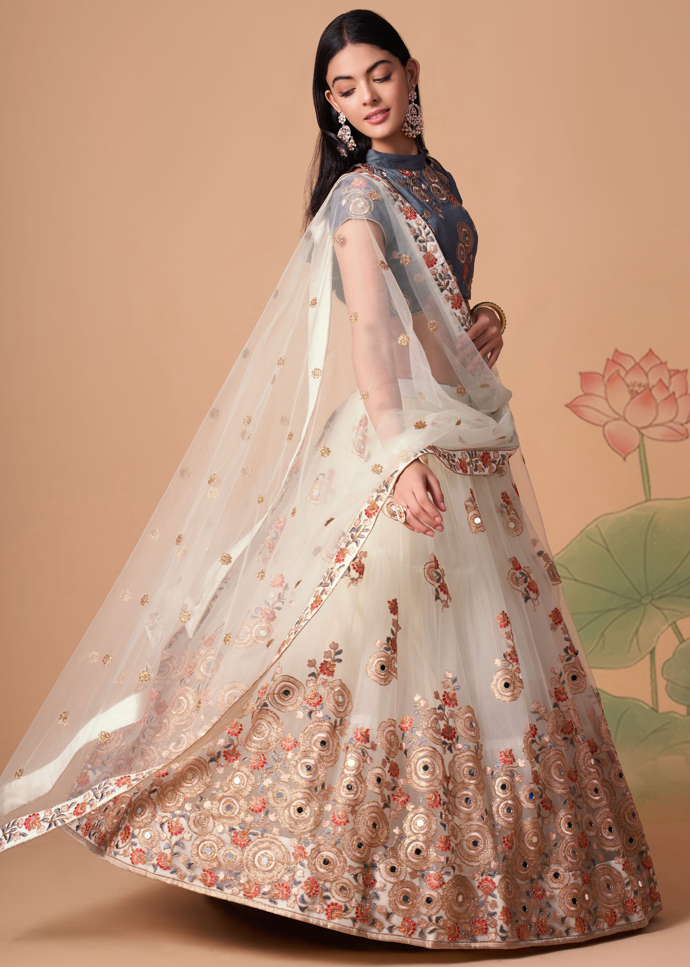Off White Lehenga Choli With   Thread, Zari, Dori And Sequins Embroidery With Mirror Work