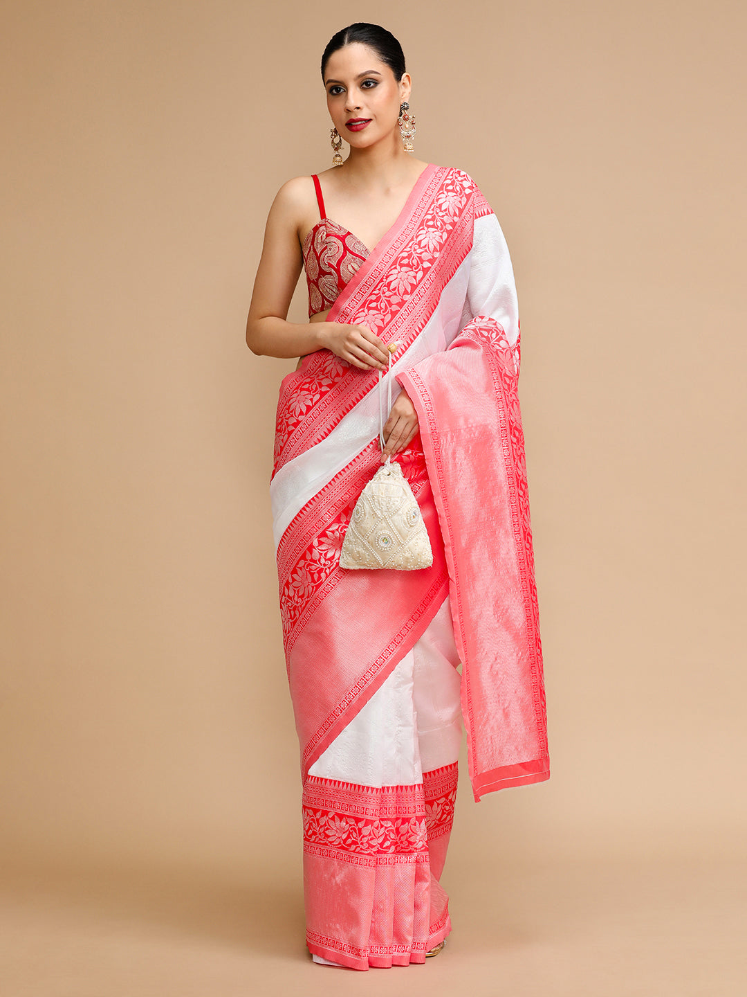Off White Lichi Silk Saree Woven Jacquard Designer For Ceremonial Looks