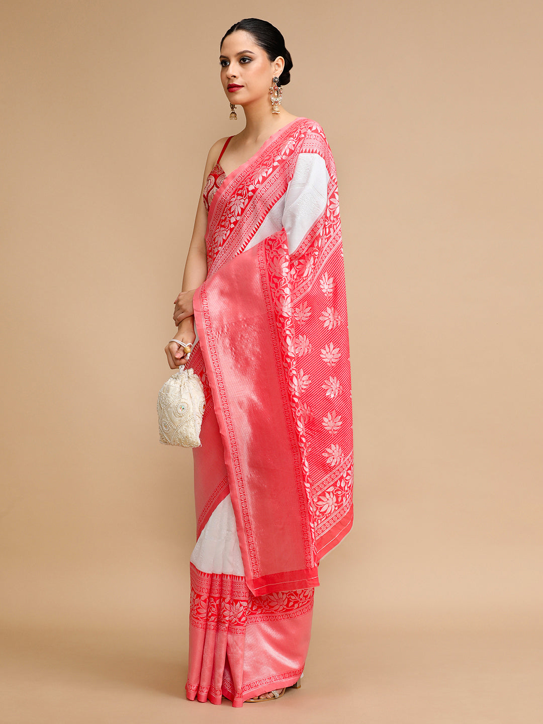 Off White Lichi Silk Saree Woven Jacquard Designer For Ceremonial Looks