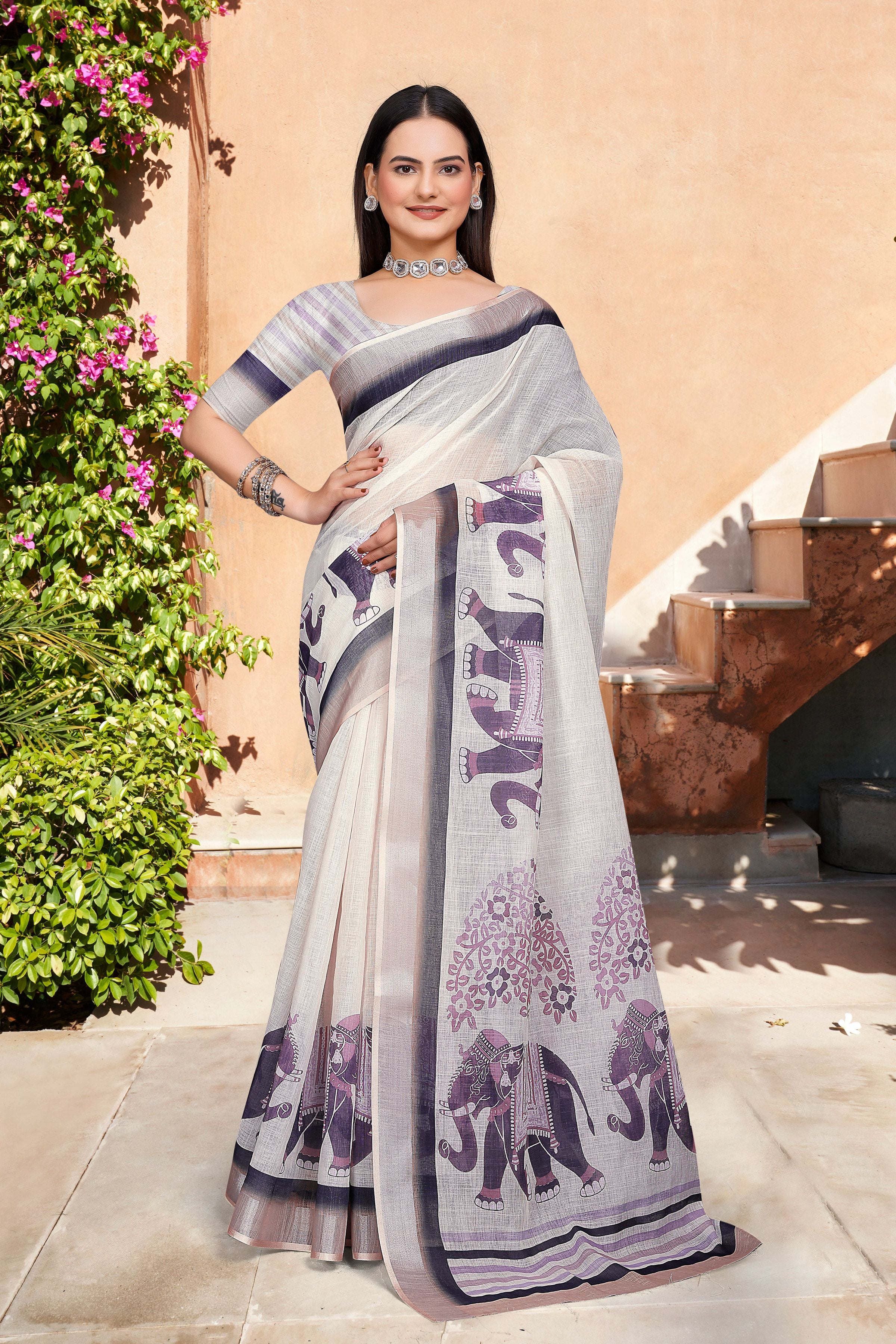 Off White Linen Cotton Woven Border Designer Printed Saree