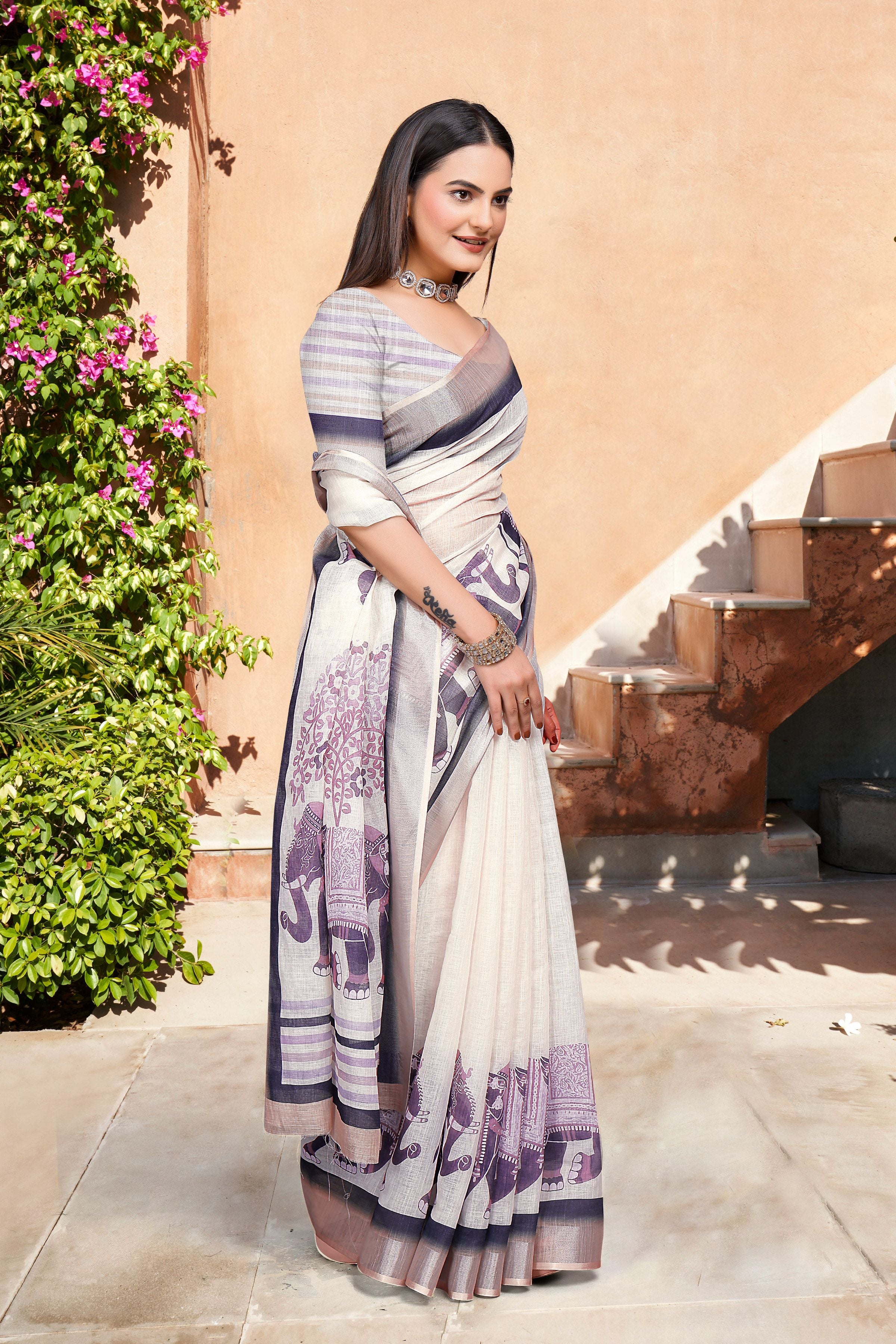 Off White Linen Cotton Woven Border Designer Printed Saree