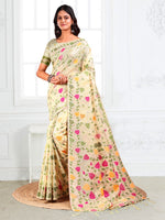 Off White Linen Cotton Woven Jacquard Designer Fancy Saree
