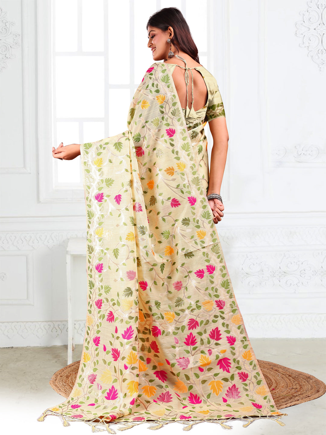 Off White Linen Cotton Woven Jacquard Designer Fancy Saree