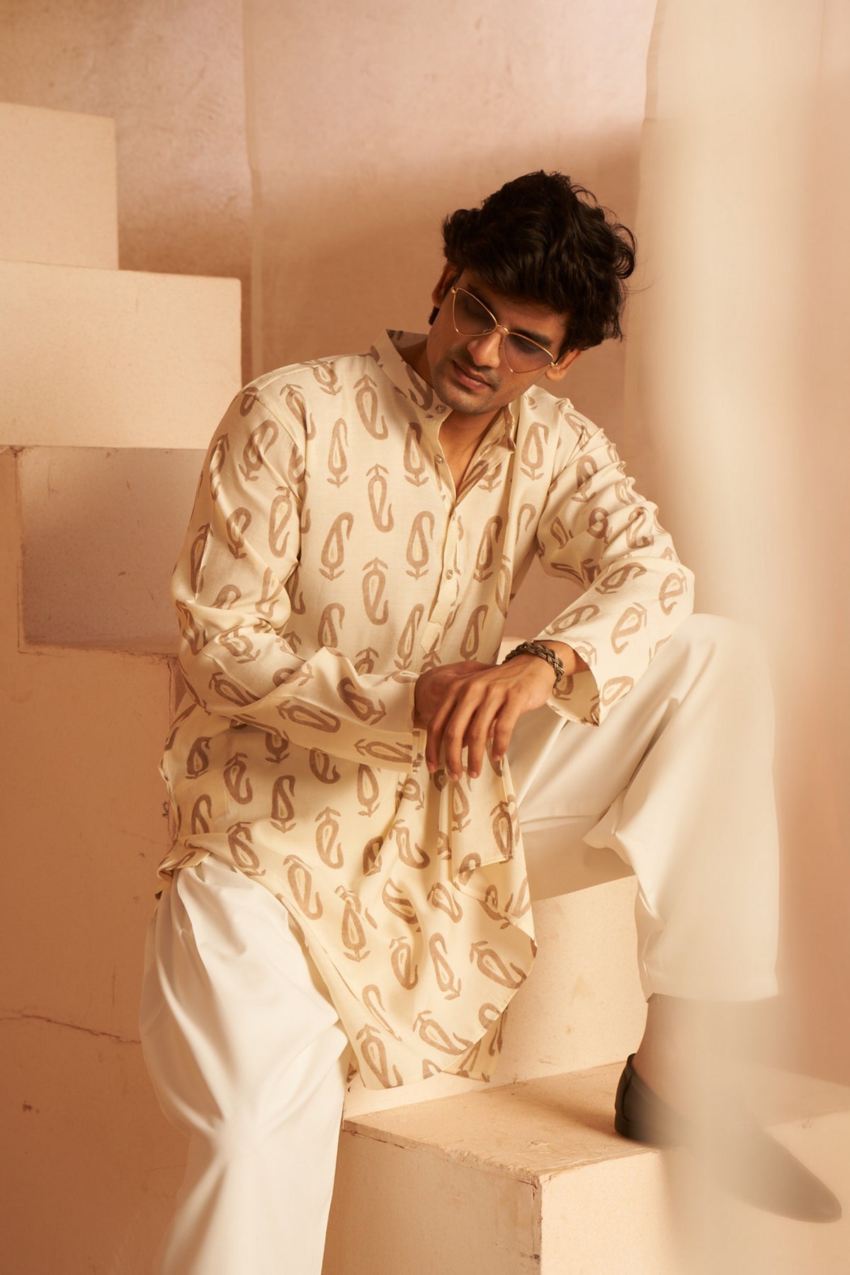 Off White Modal Silk Printed Kurta Payjama – Light and Classy