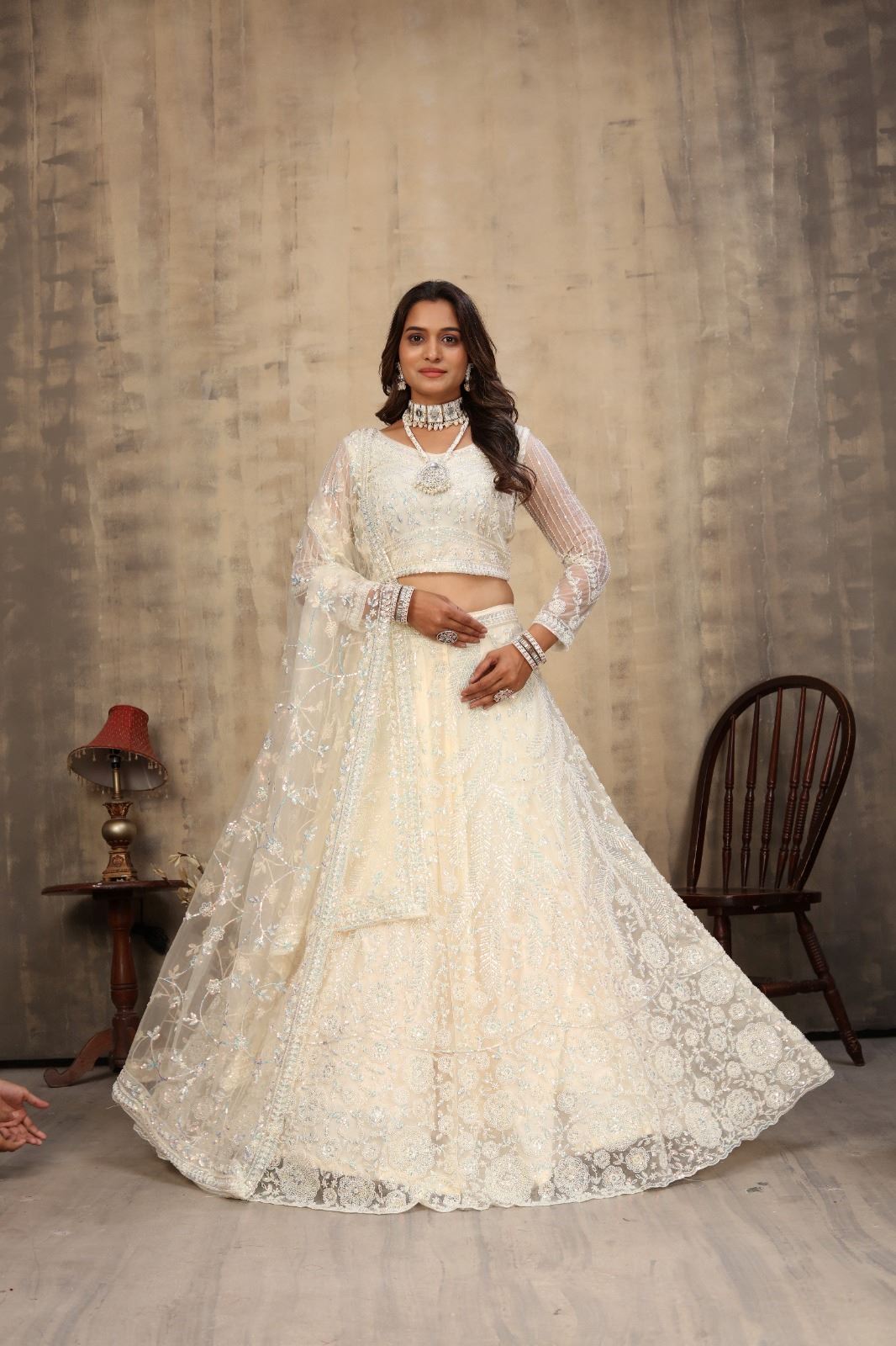 Off White Net Lehenga Choli With Embroidery Work
