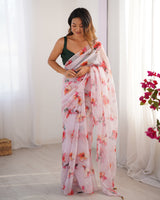 Off White Organza Designer Printed Partywear Saree