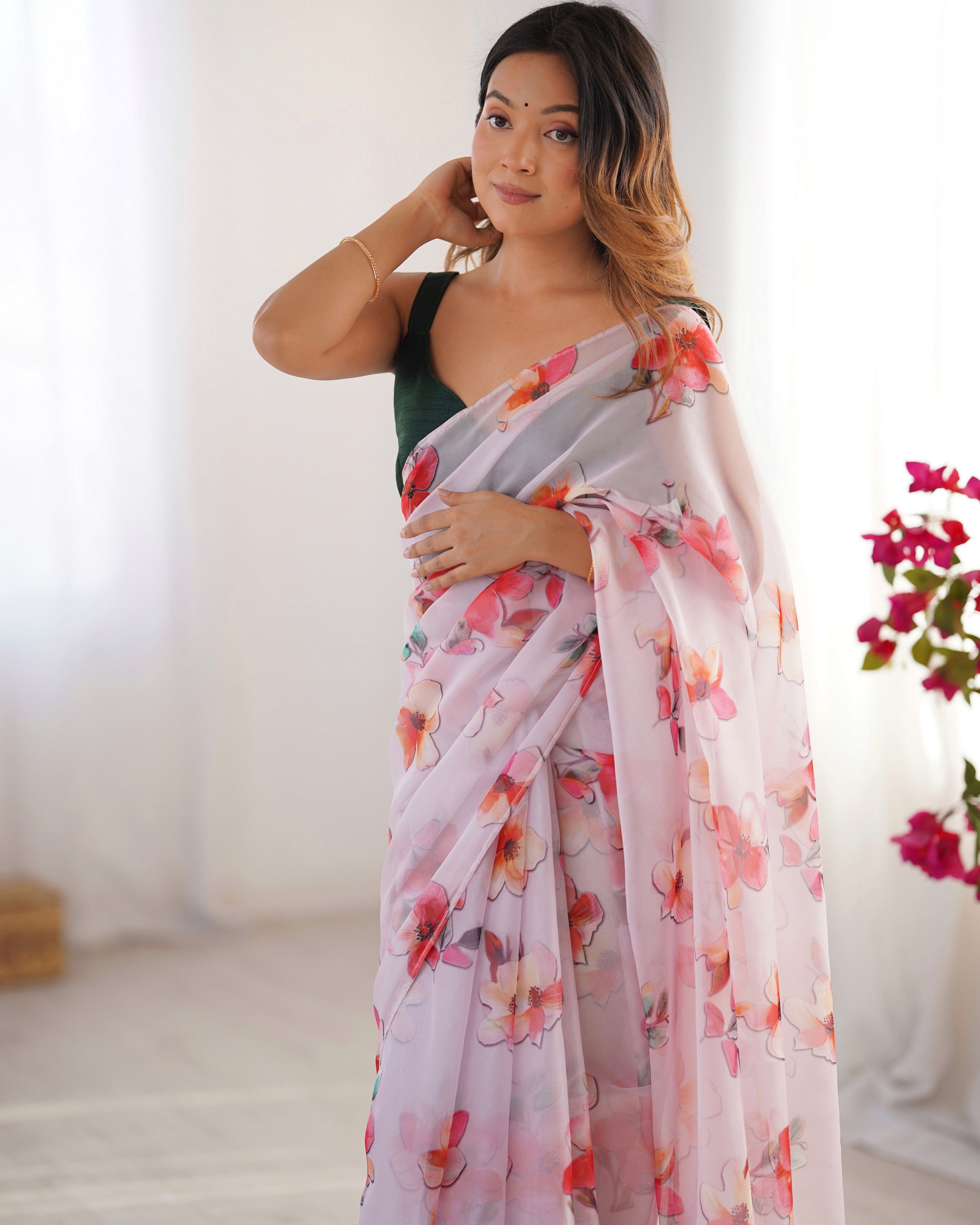 Off White Organza Designer Printed Partywear Saree