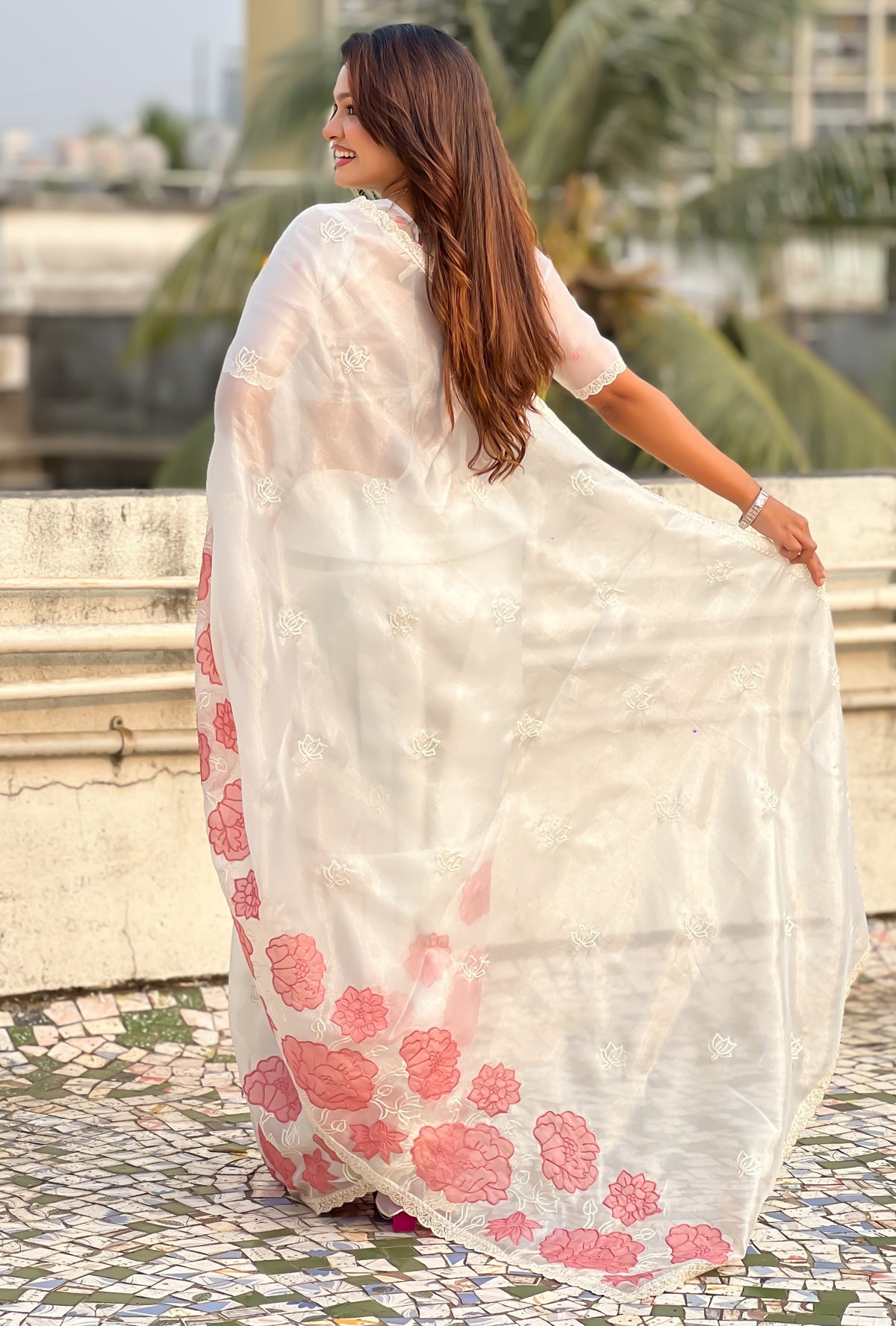 Off White Oris Silk Saree with Designer Lotus Embroidery
