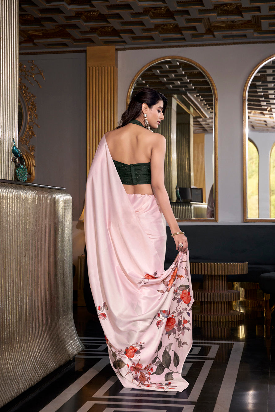 Off White Printed Satin Silk Saree with Smooth Elegance