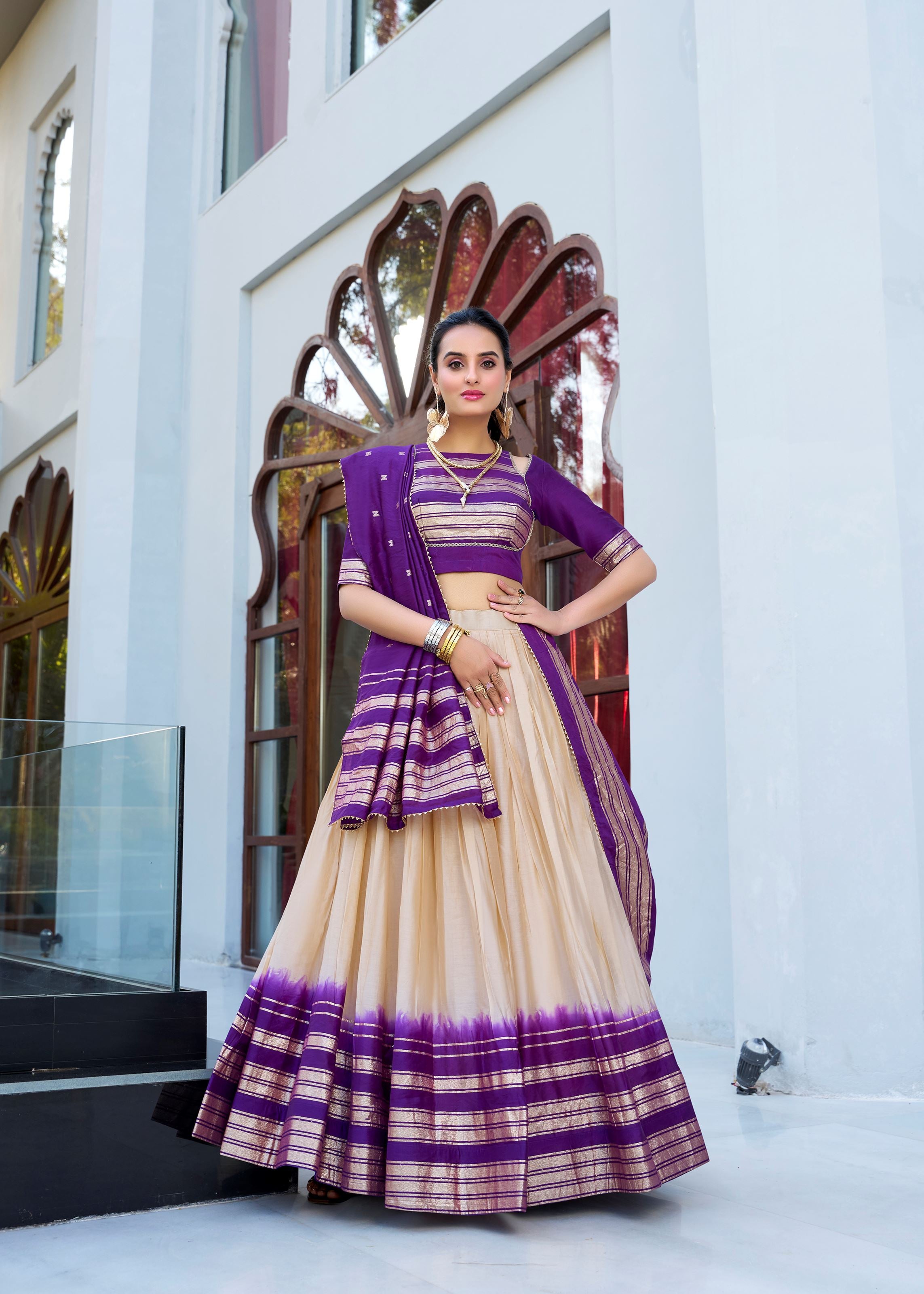 Off White Pure Chanderi Lehenga in Off White Green with Zari Charm