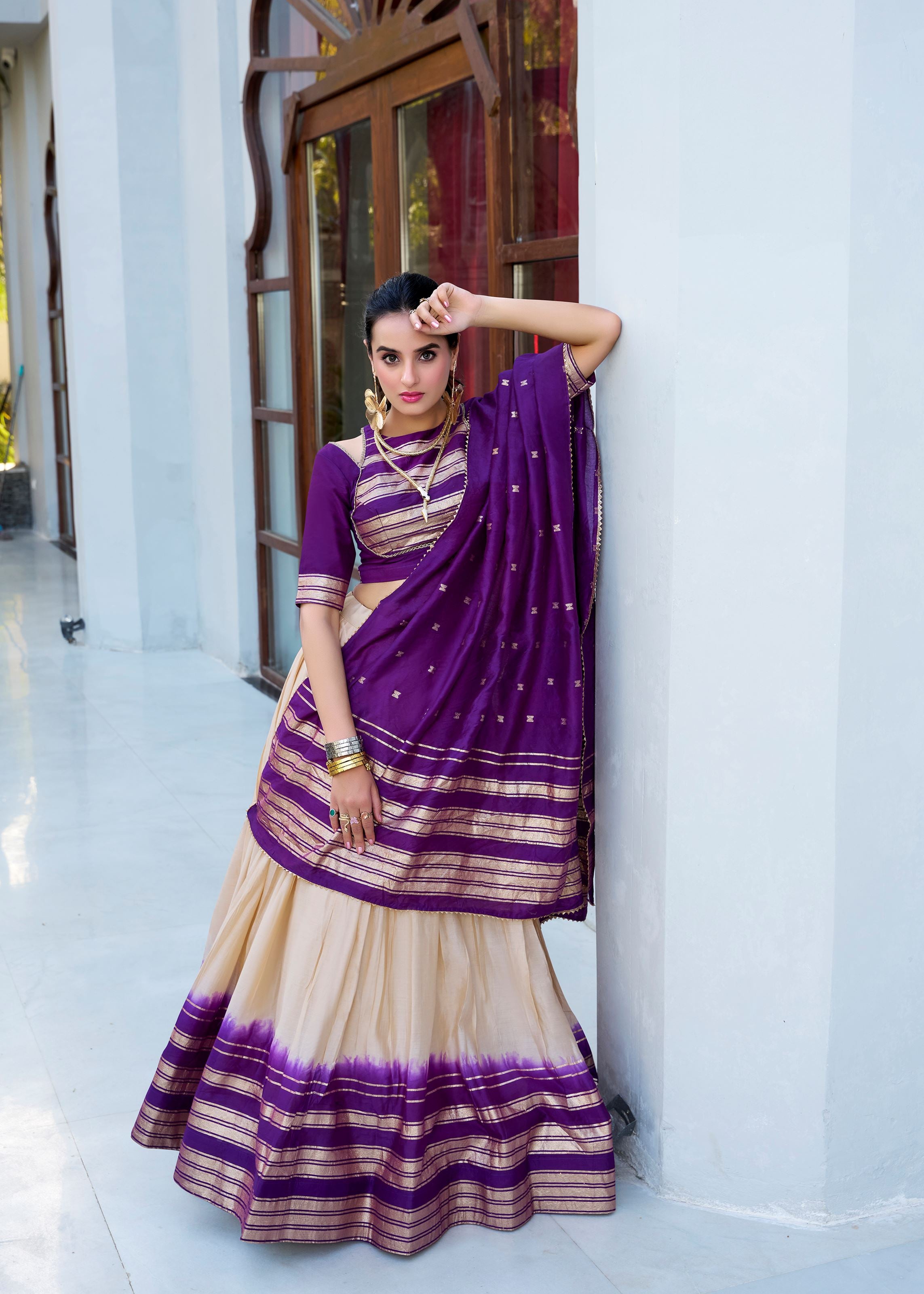 Off White Pure Chanderi Lehenga in Off White Green with Zari Charm