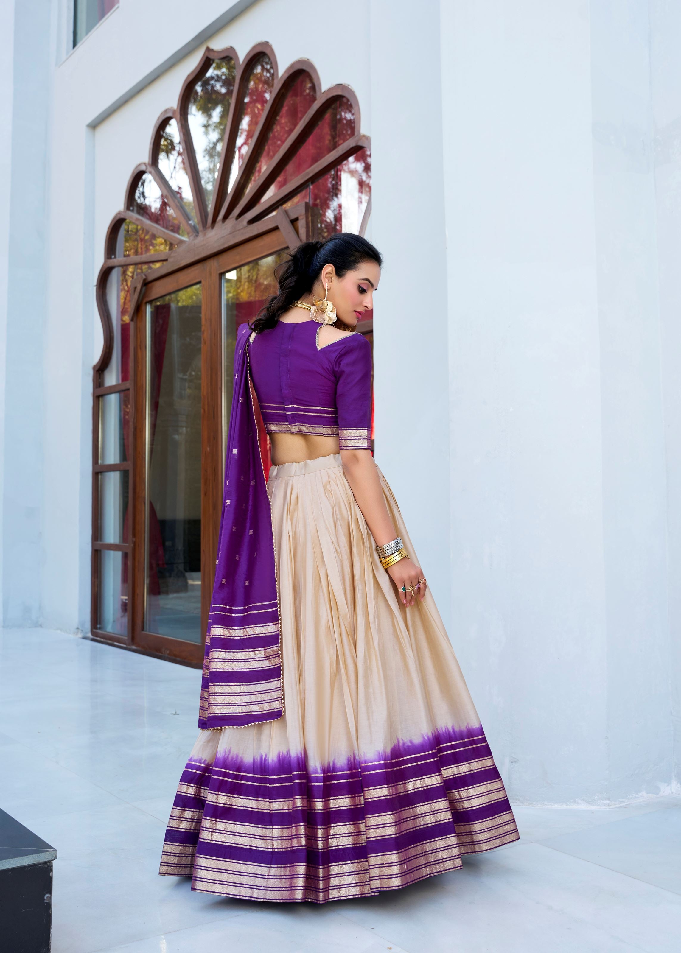 Off White Pure Chanderi Lehenga in Off White Green with Zari Charm