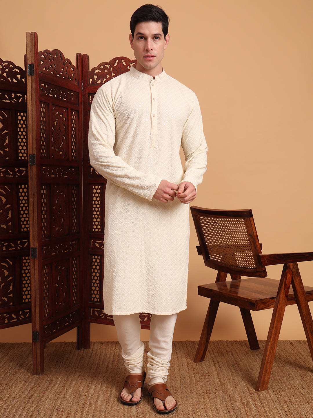Off White Rayon Chikankari Embroidered Traditional Kurta Pajama