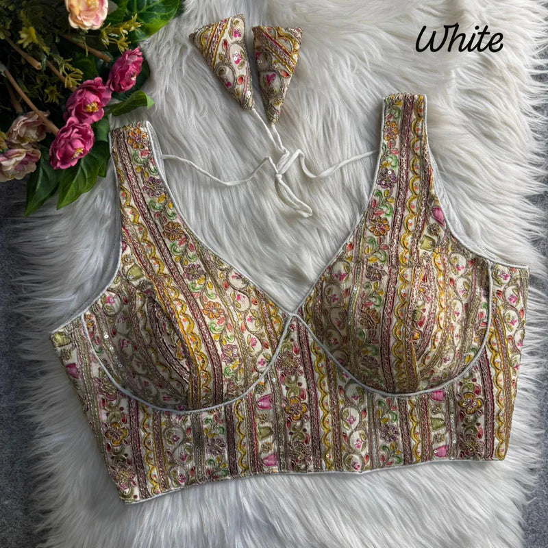 Off White Royal Couture Heavy Neck Position Work Blouse  Pure Crepe Embroidered & Sequined Partywear